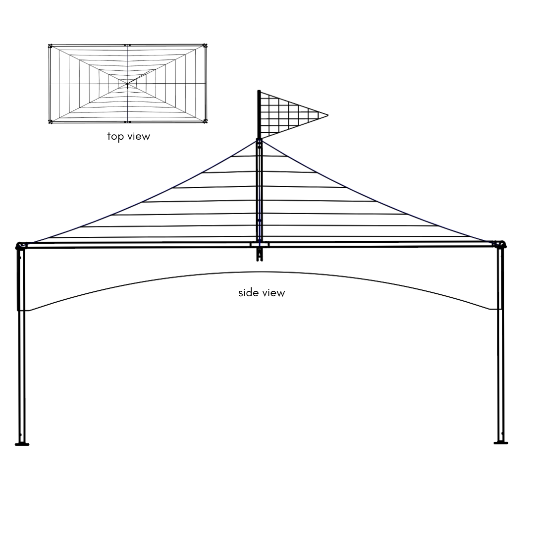 Technical drawing of a pop up tent structure.