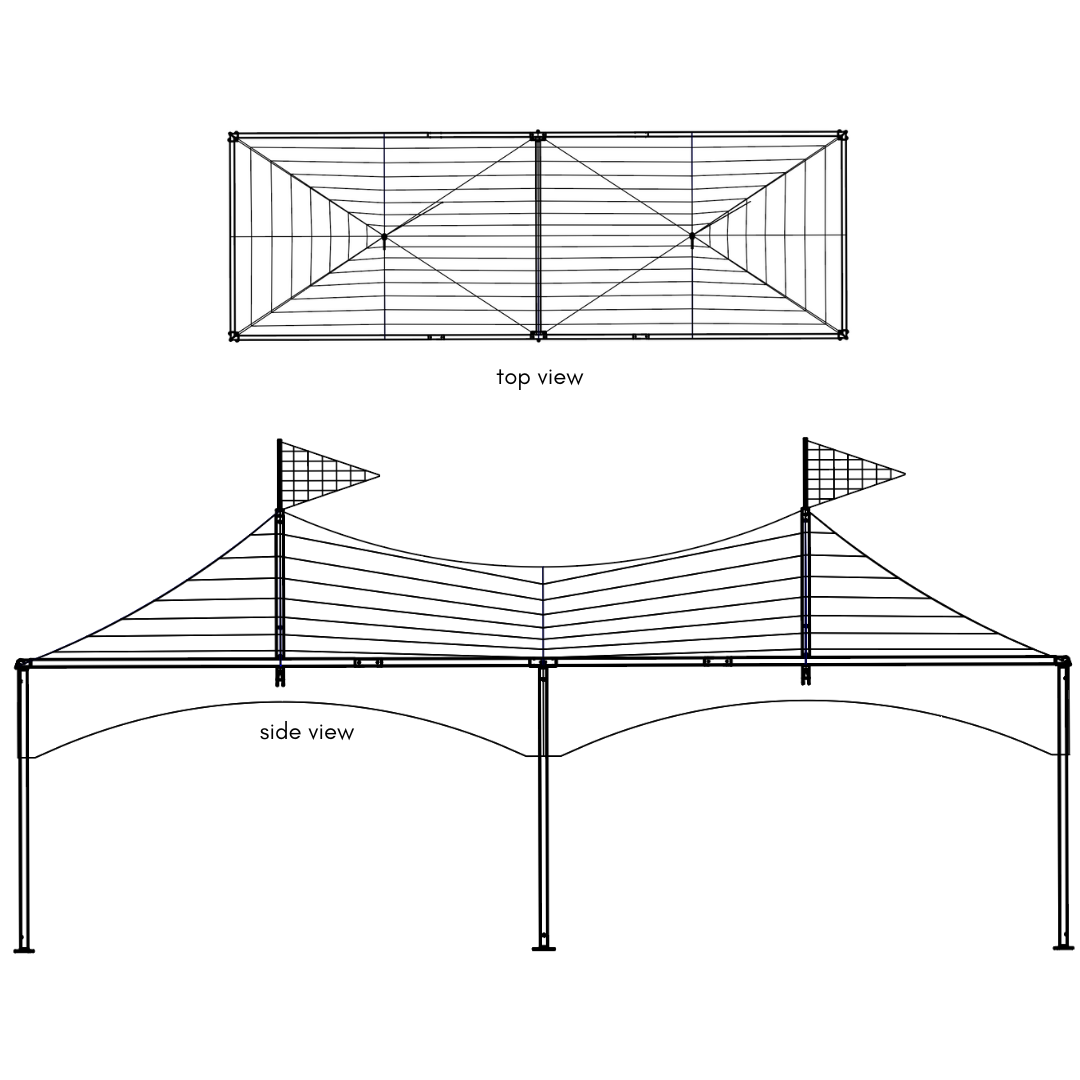 Technical drawings of a metal canopy structure from top and side views on a white background.