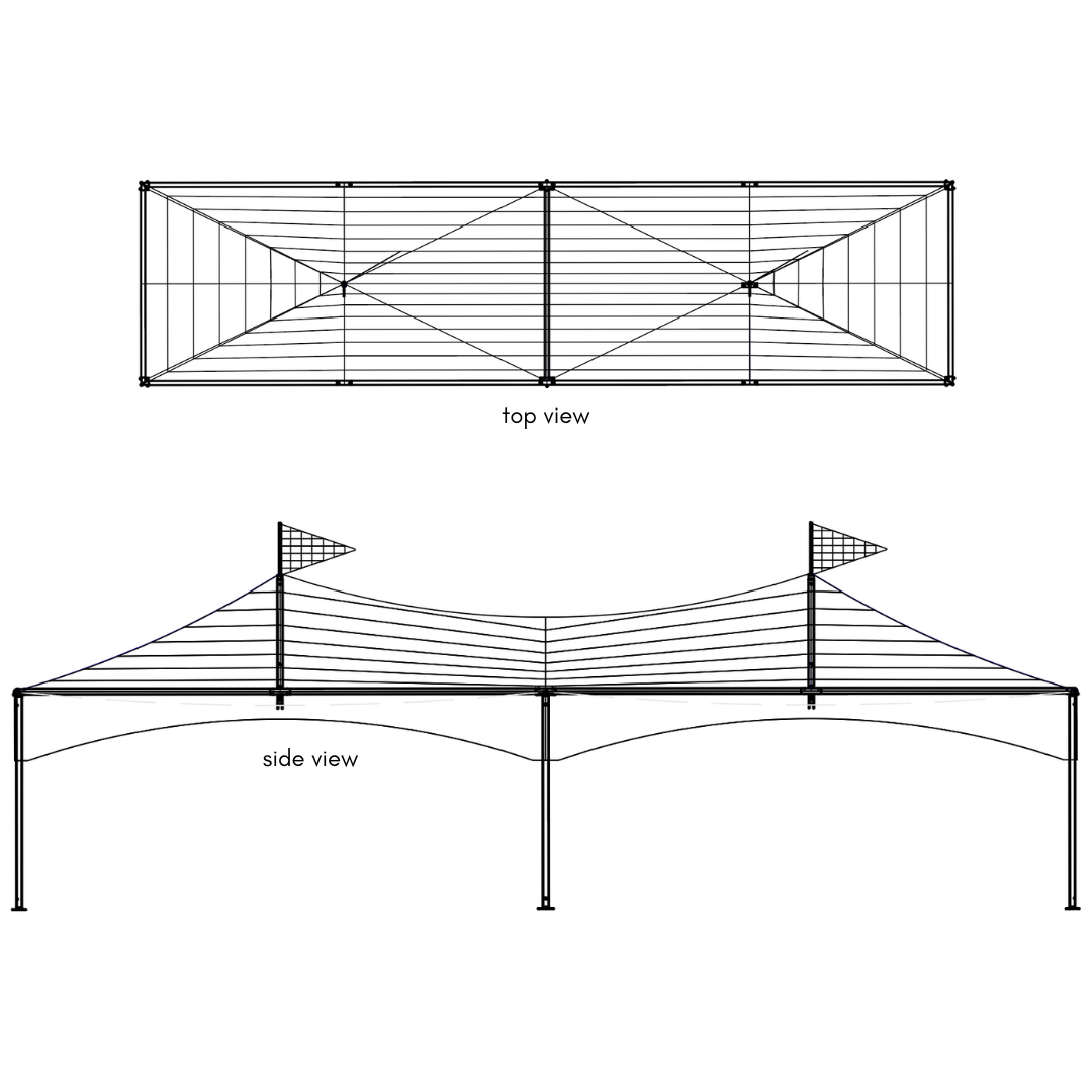 Technical drawings of a metal canopy structure from top and side views on a white background.