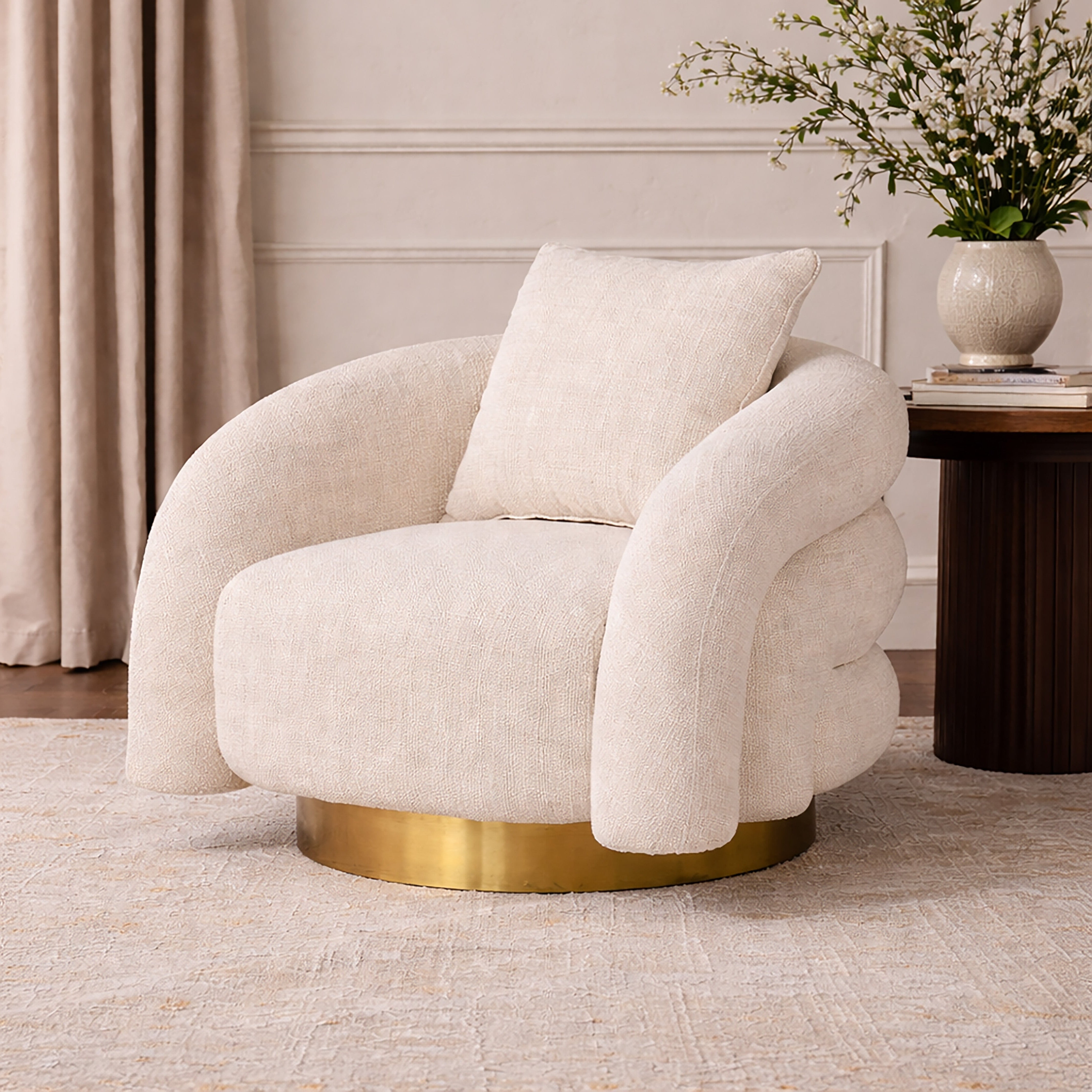 Barrel Chair, White Velvet Swivel With Gold Accent Base