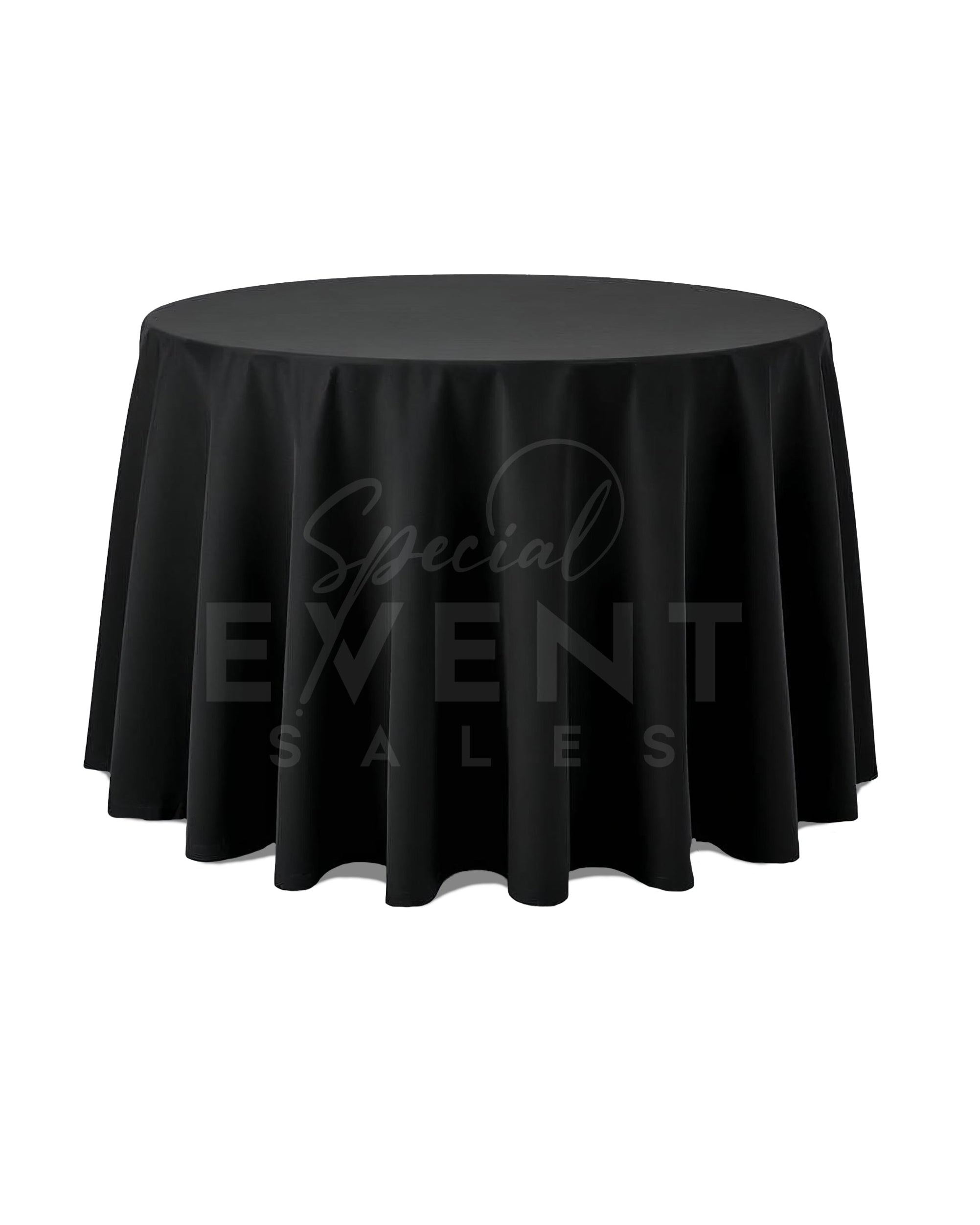 Black round polyester tablecloth for weddings and banquets.