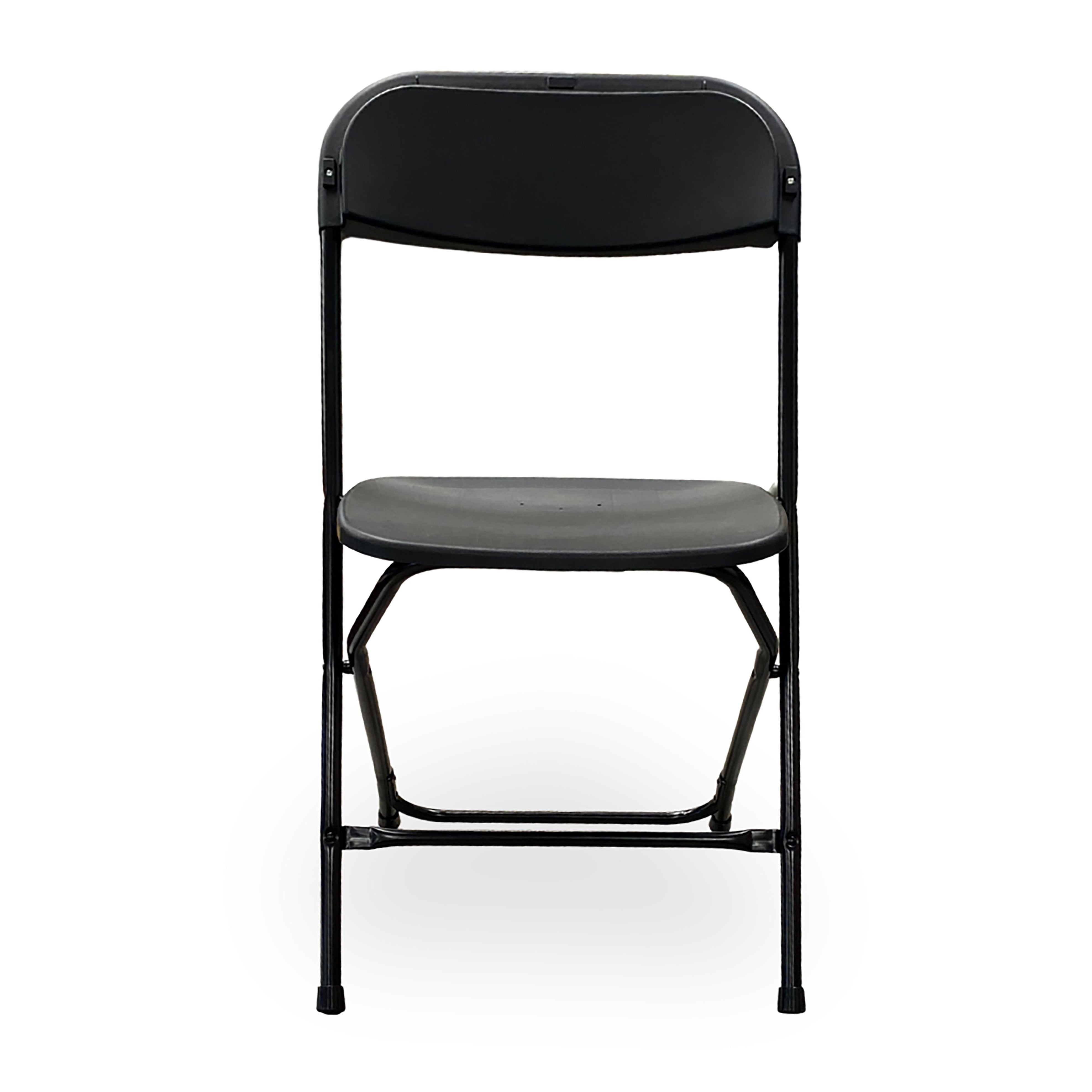 Black metal and plastic folding chair for events and indoor outdoor use.