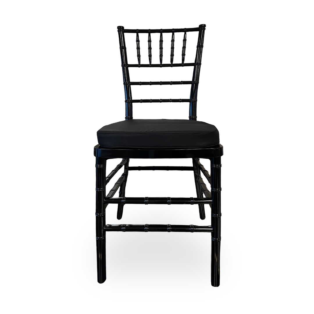 Black resin Chiavari event chair with a black pad/cushion.
