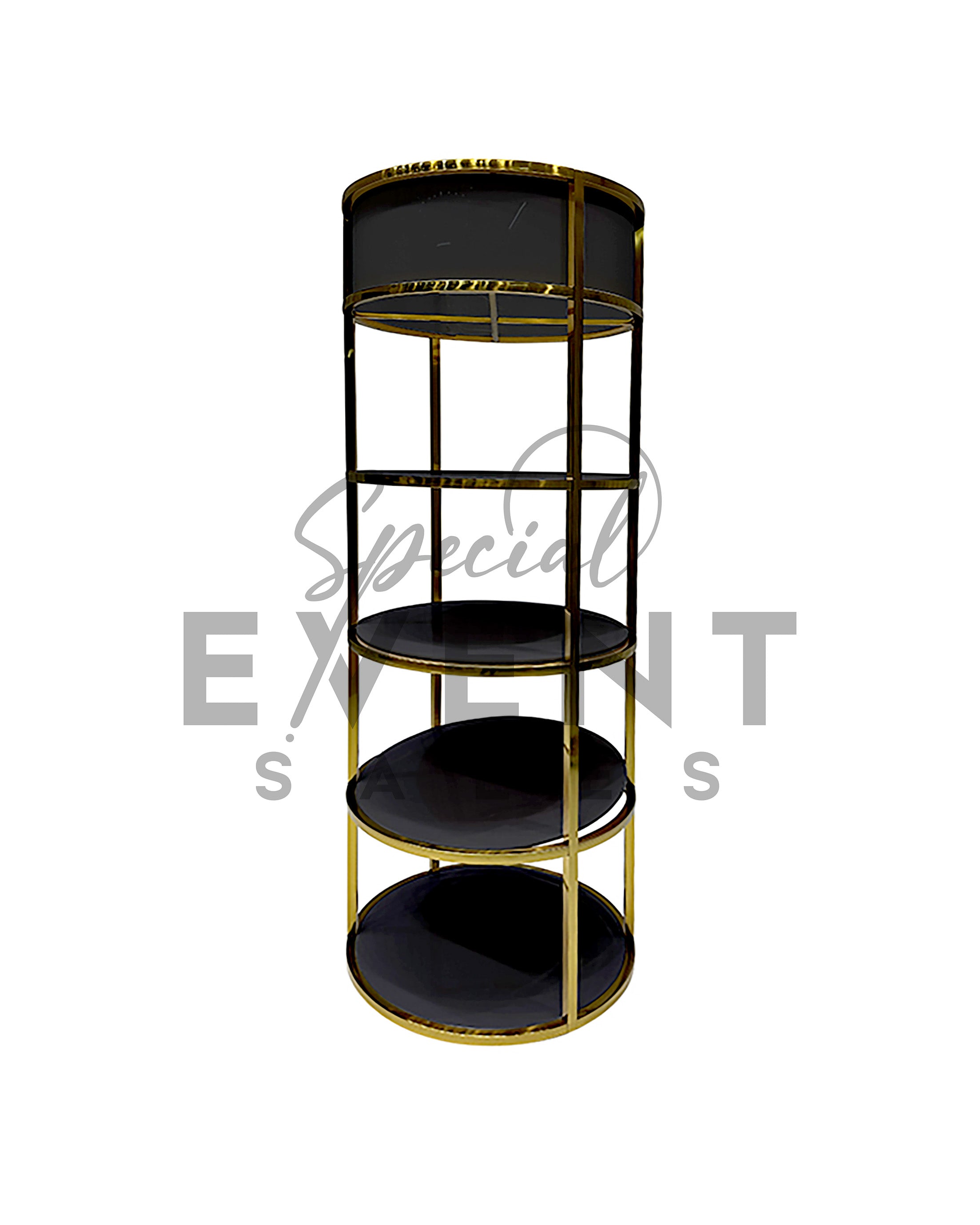 black acrylic and gold stainless steel circular retail display shelf