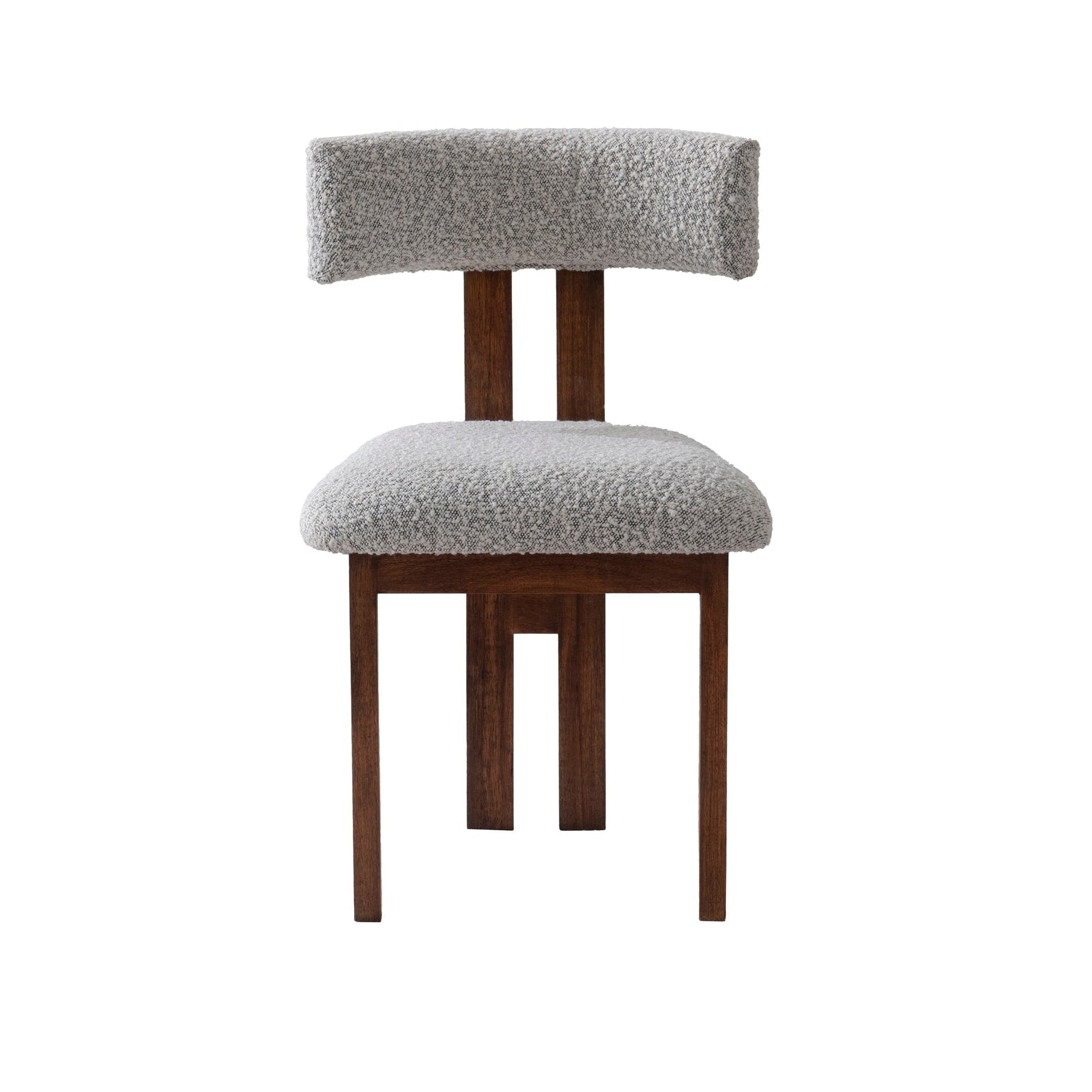 Boucle dining chair with gray cushioned seat and backrest on a white background