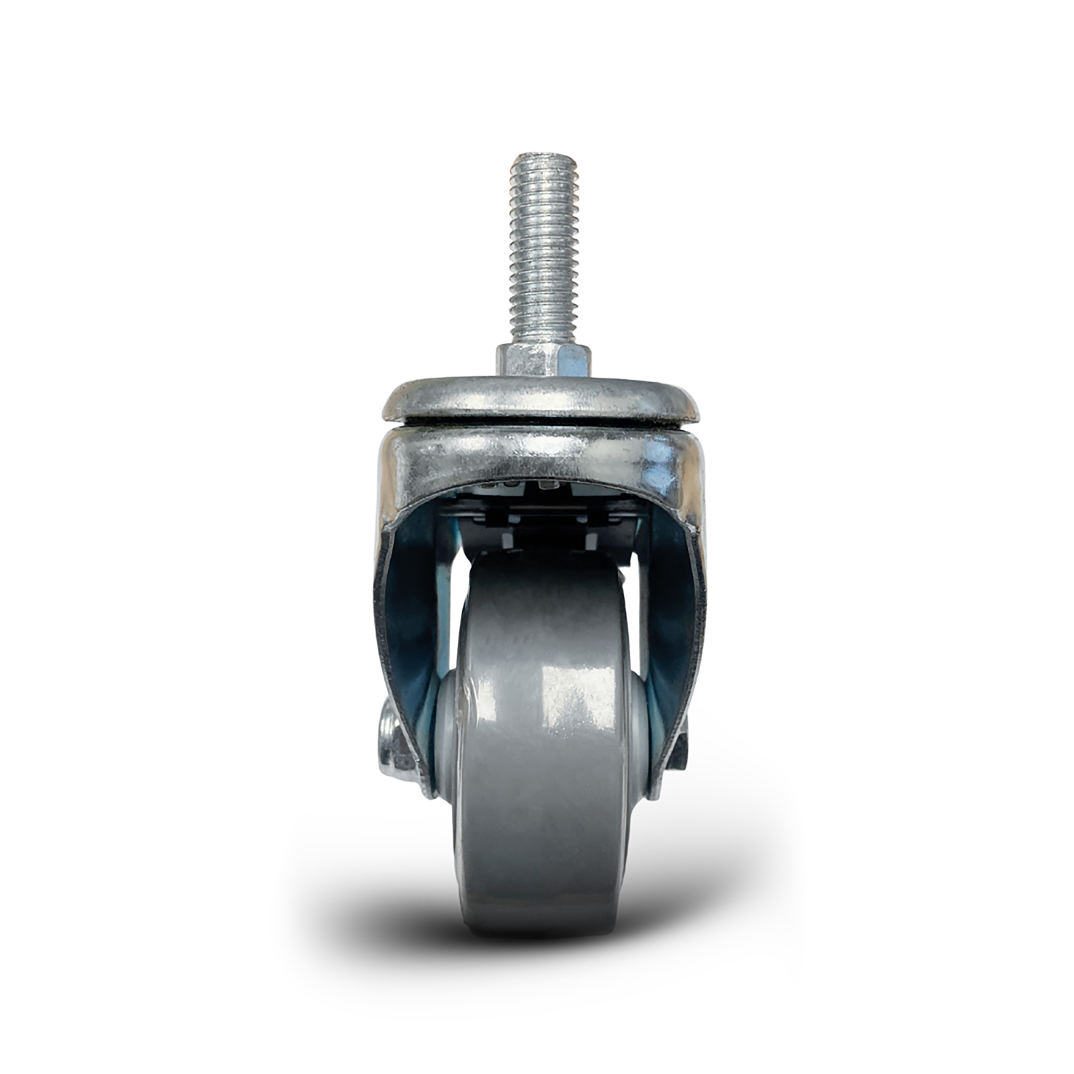 Front View of a silver metal caster wheel with brakes on a white background