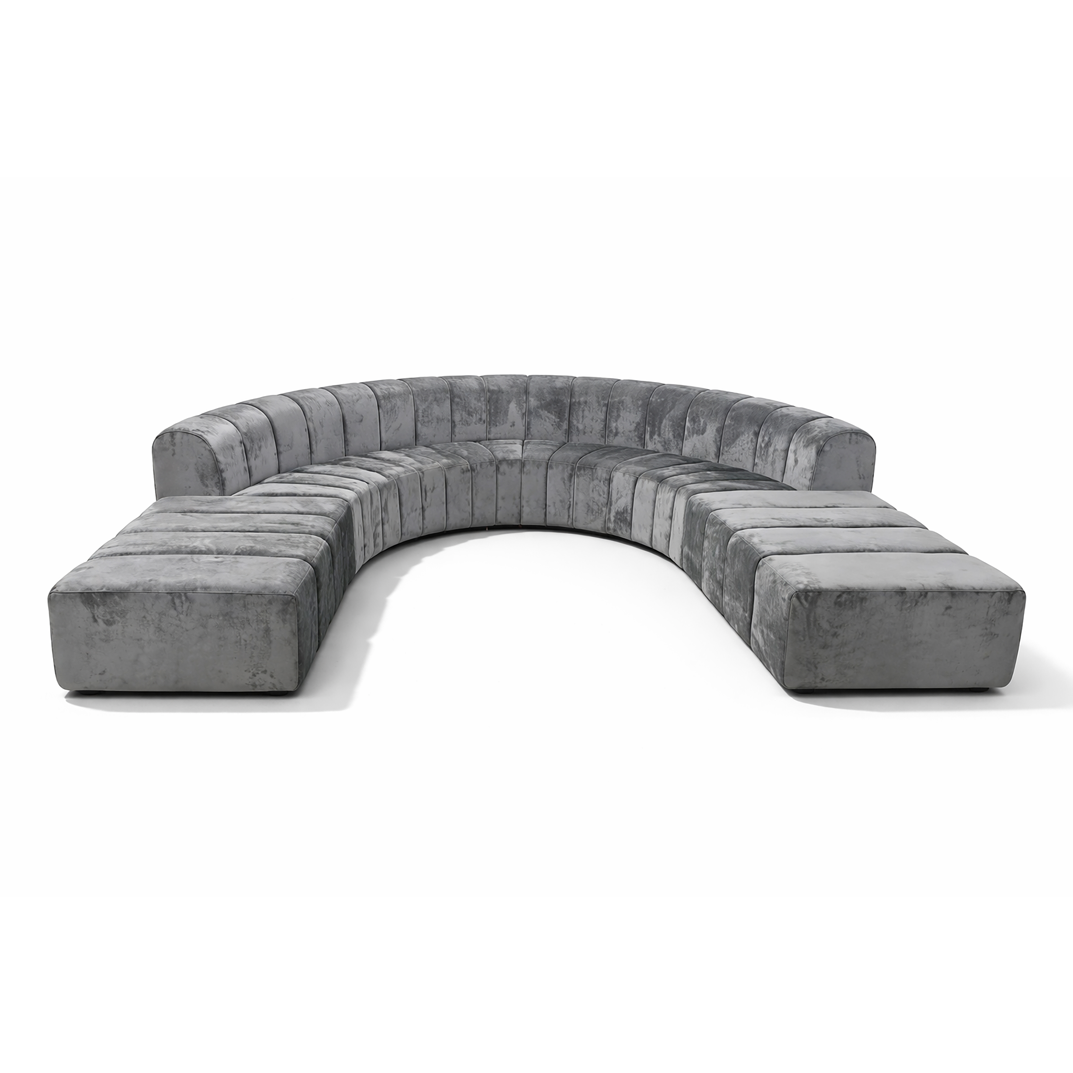 Grey velvet corner sofa for modern living rooms, event lounges, and contemporary interiors
