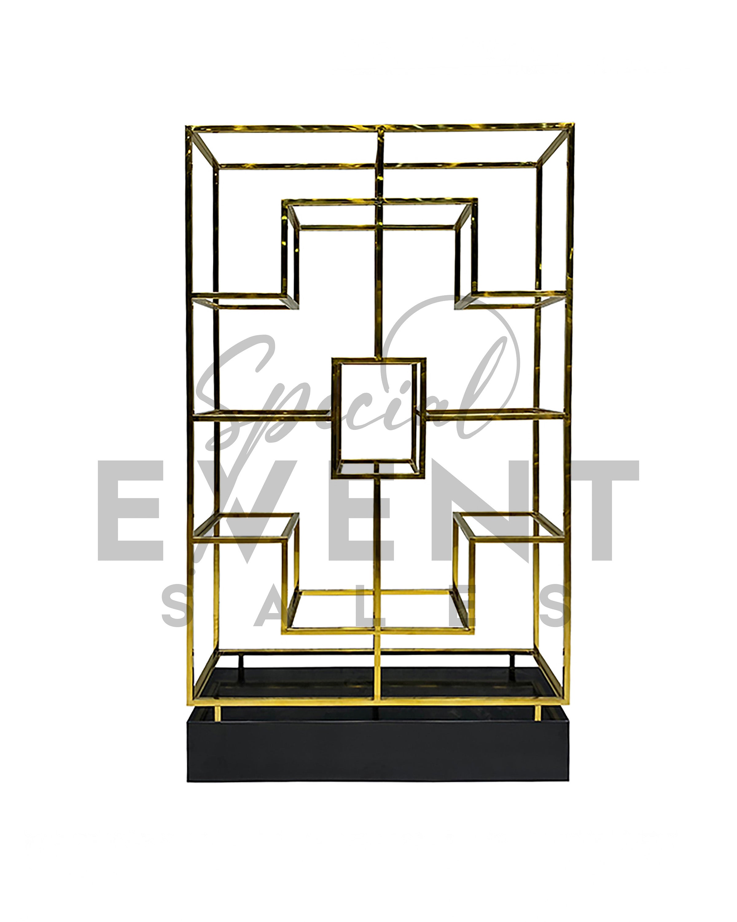 Luxury retail display case in black acrylic and gold chrome.
