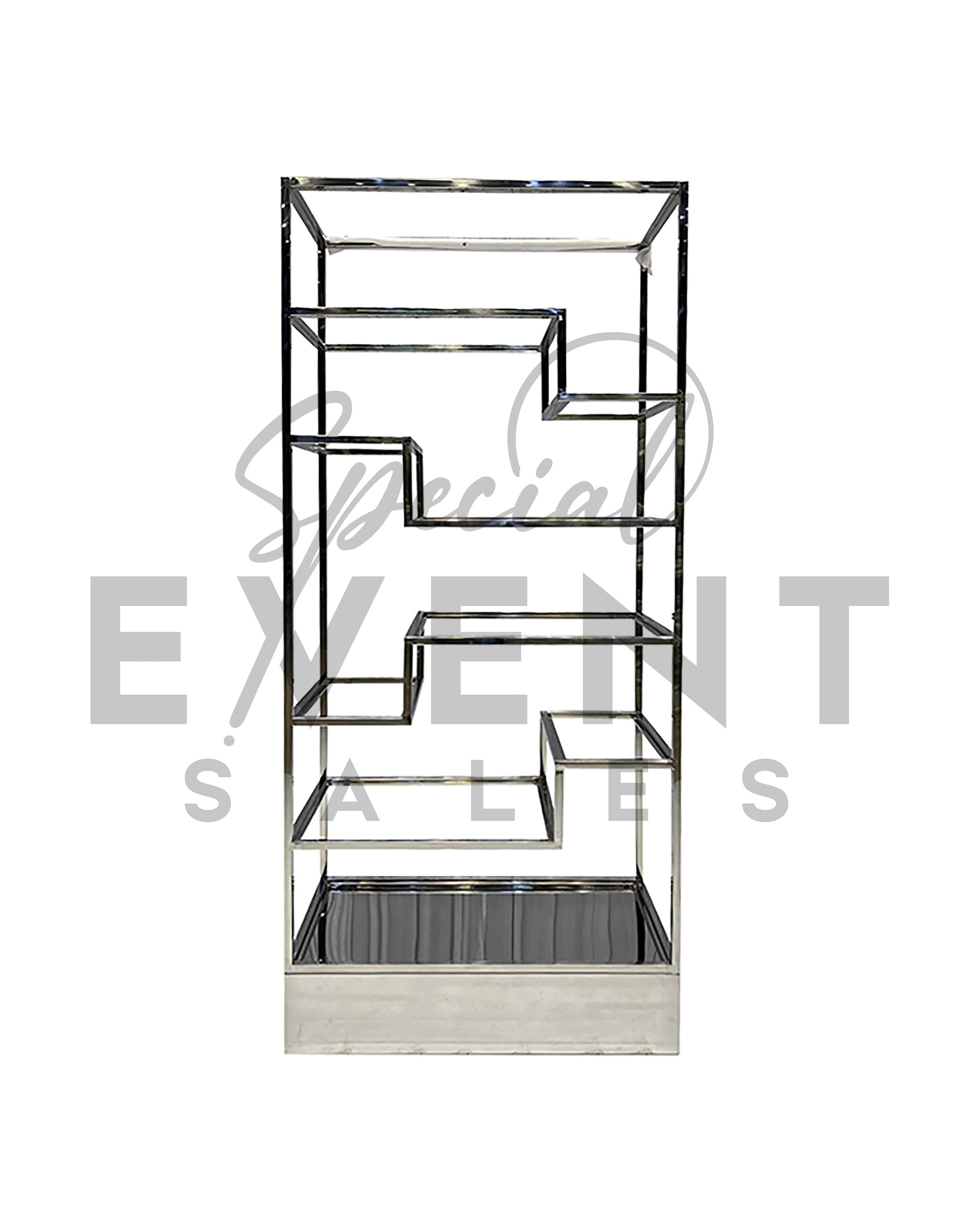 Luxury silver chrome retail display shelf.