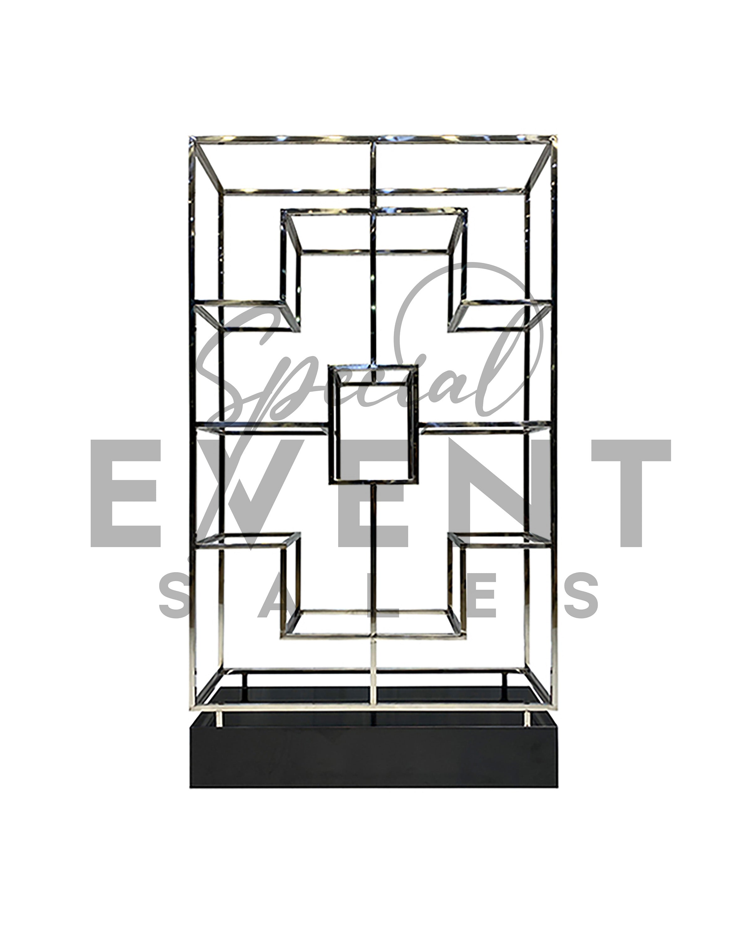 Black acrylic and silver stainless steel retail display shelf.