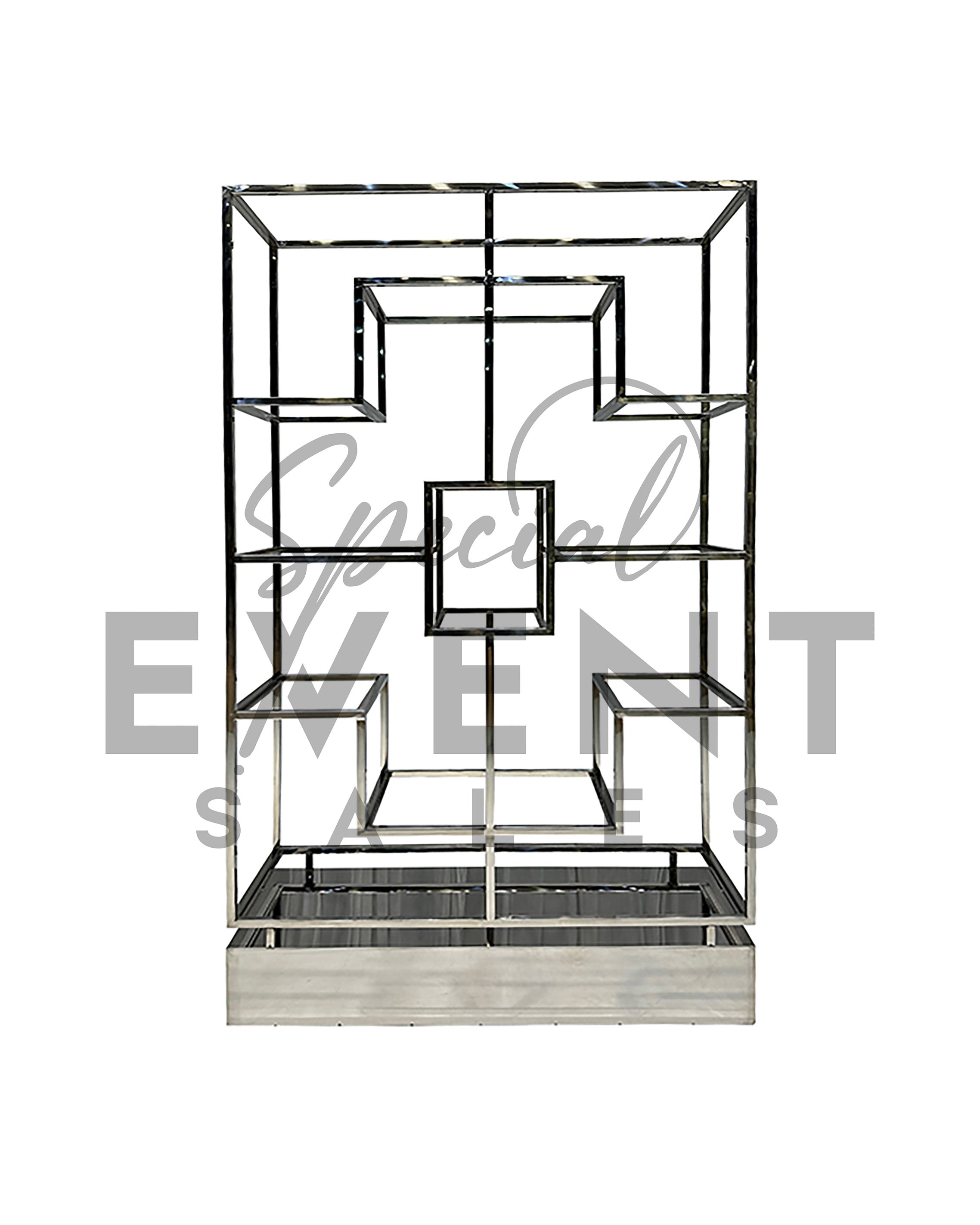 Silver stainless steel luxury retail display case.