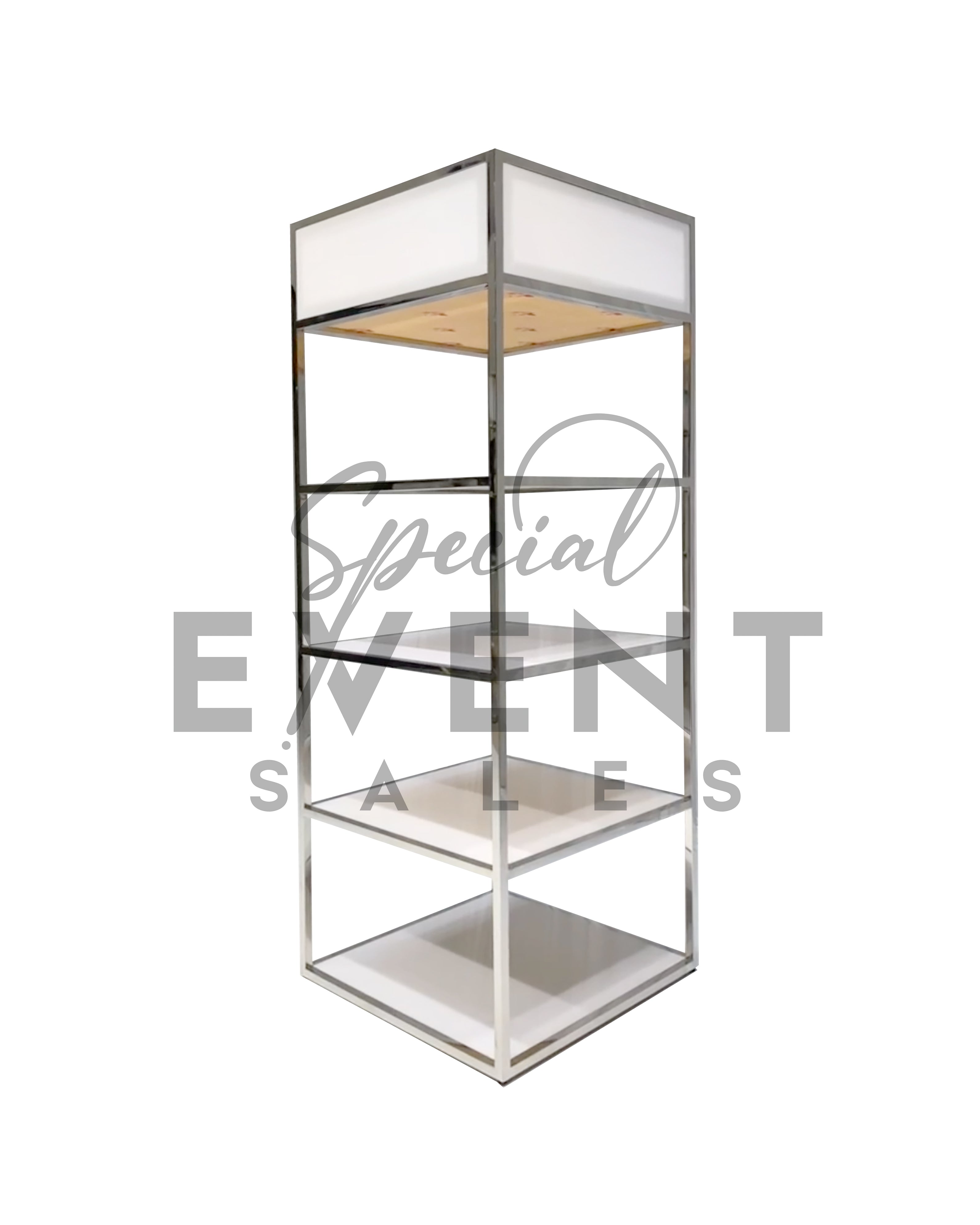 White acrylic and silver chrome square retail display shelf.