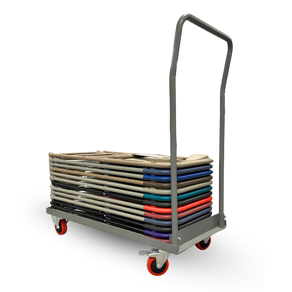 Event equipment featuring a chair cart designed to transport folding chairs.