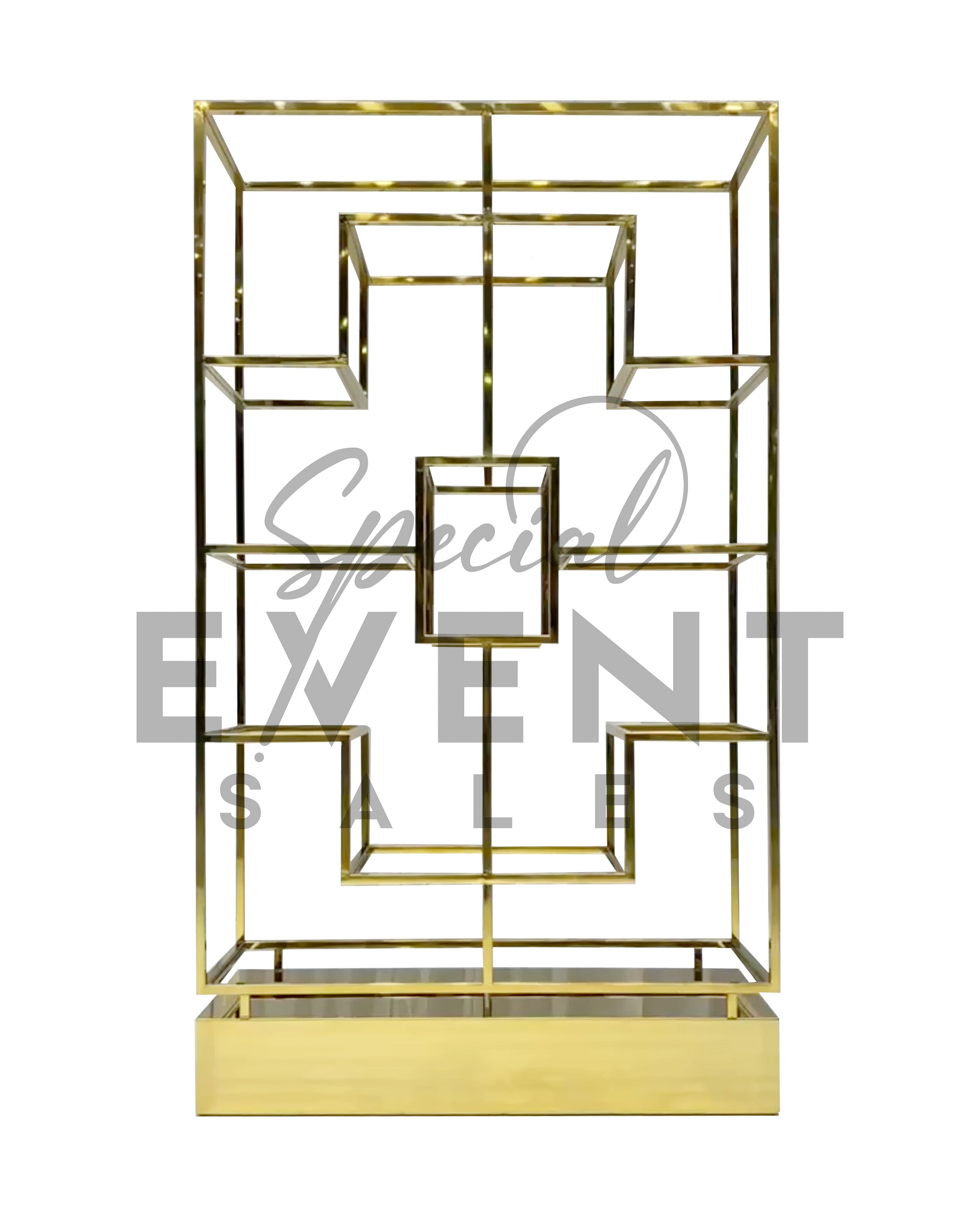 Gold and white acrylic retail display shelving.