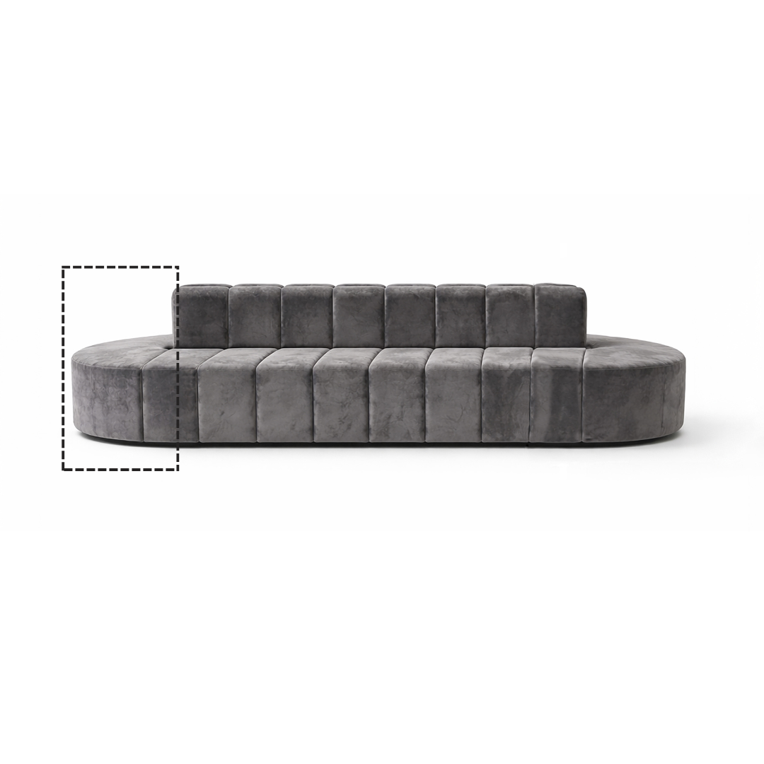 Gray sofa with a dotted line indicating measurement on a white background