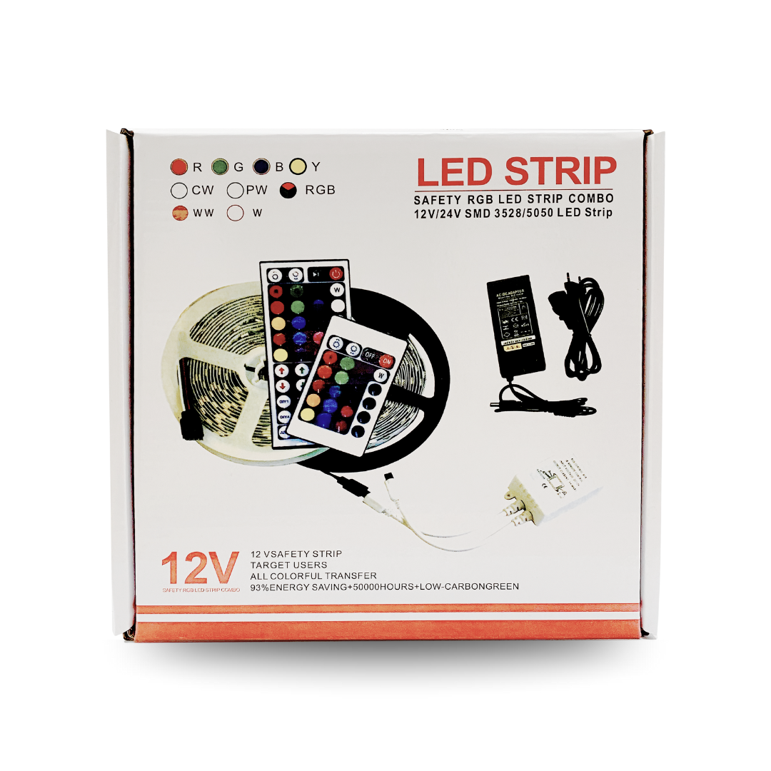LED strip packaging with illustrations of LED strip, remote control, and power adapter on a white background.