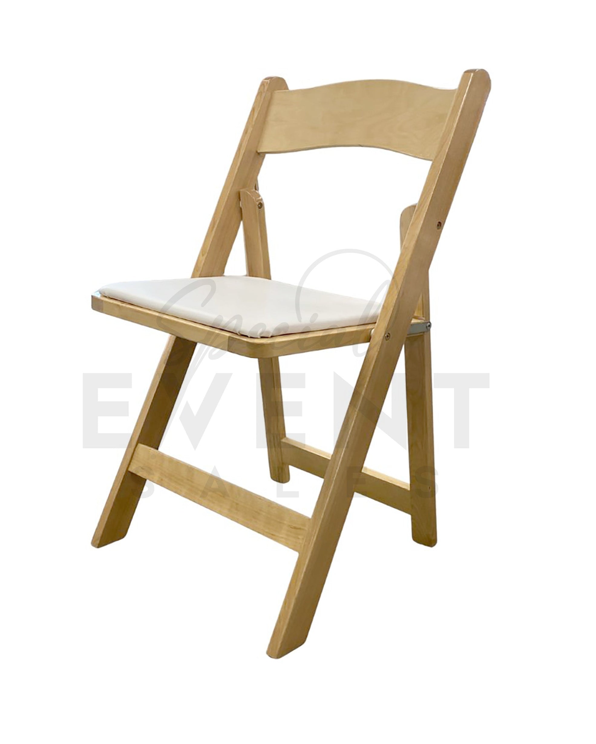 Natural wooden folding chair for event venues with a white cushion.