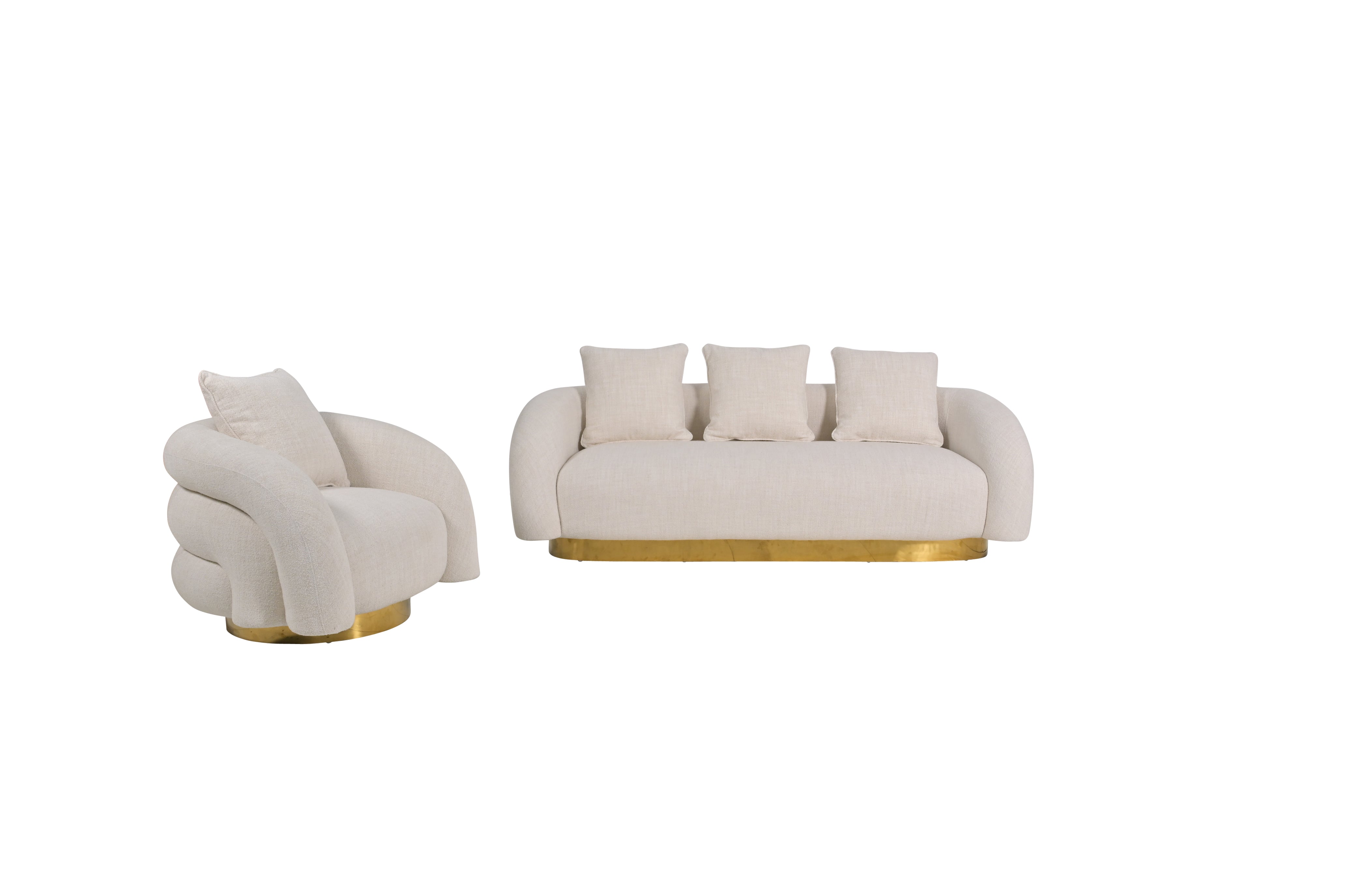 Barrel Sofa, White Velvet With Gold Accent Base