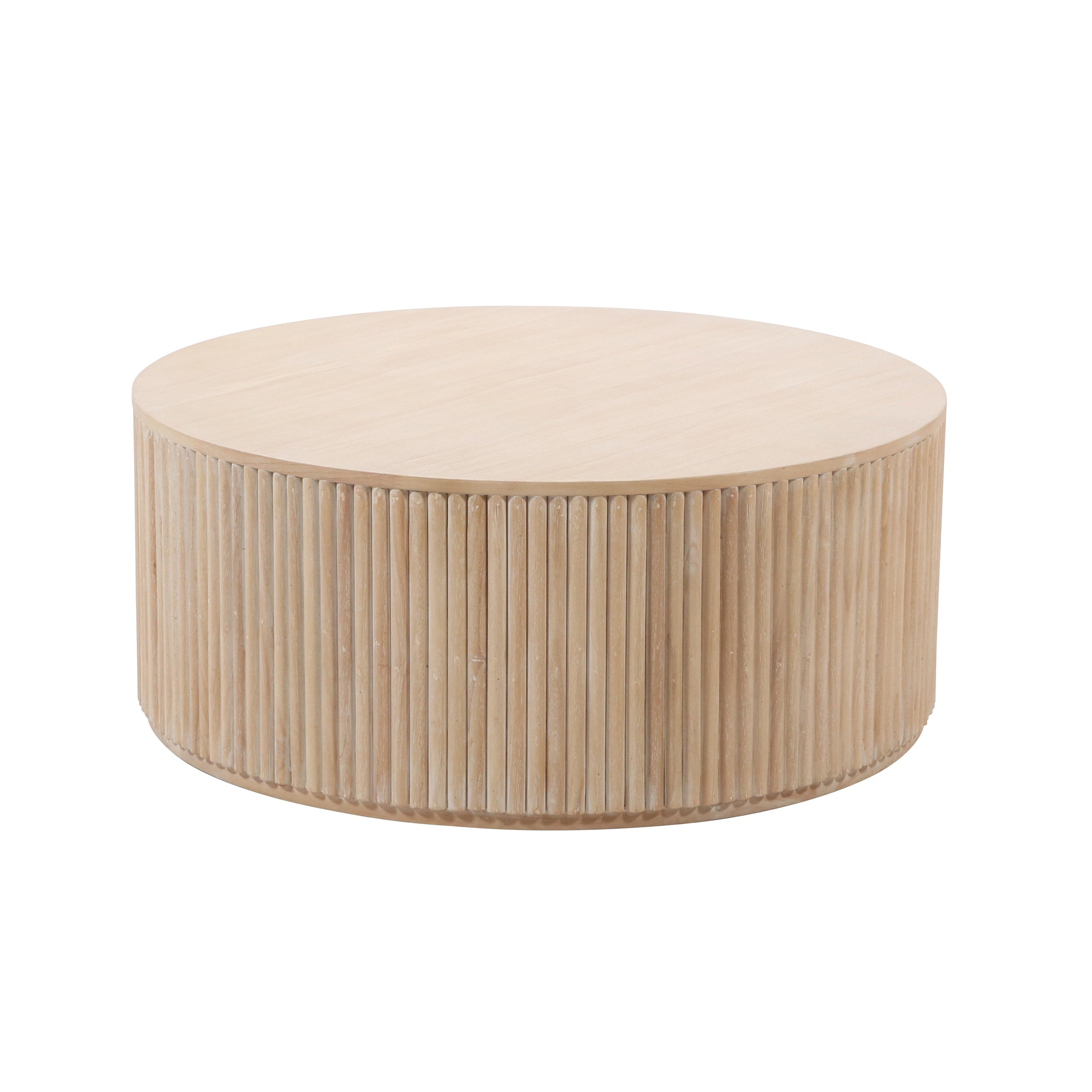Ribbed / fluted round coffee table in a neutral wooden finish.