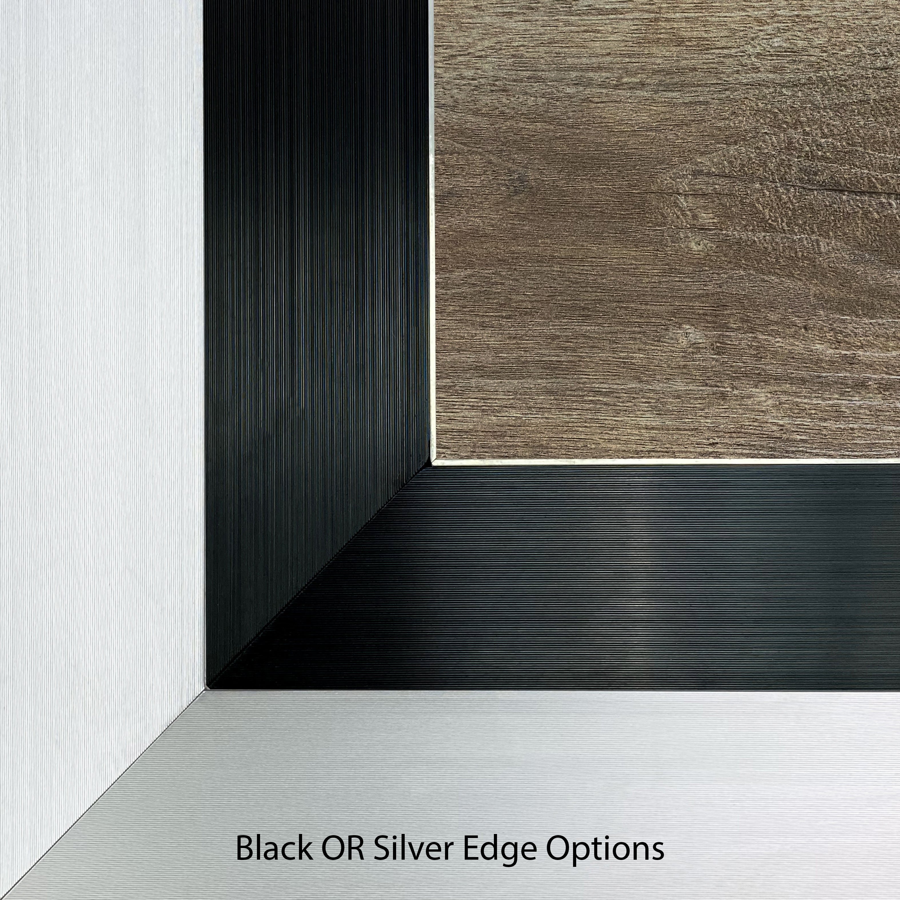 Close up of our rustic oak DancePro event dance floor with marine grade aluminum trim/ edge in black and silver options.