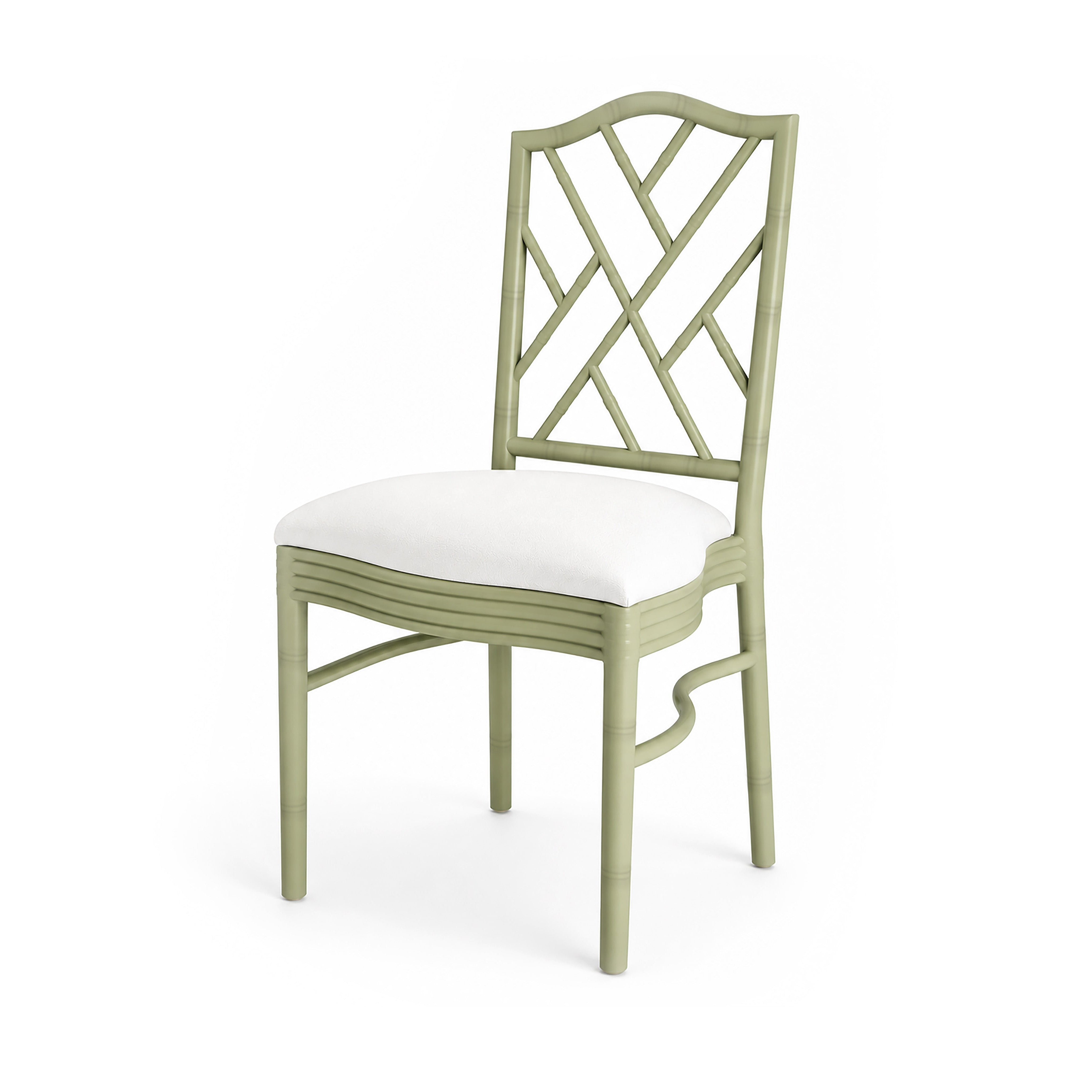 Sage green event Chippendale dining chair made out of resin and a white linen upholster seat.