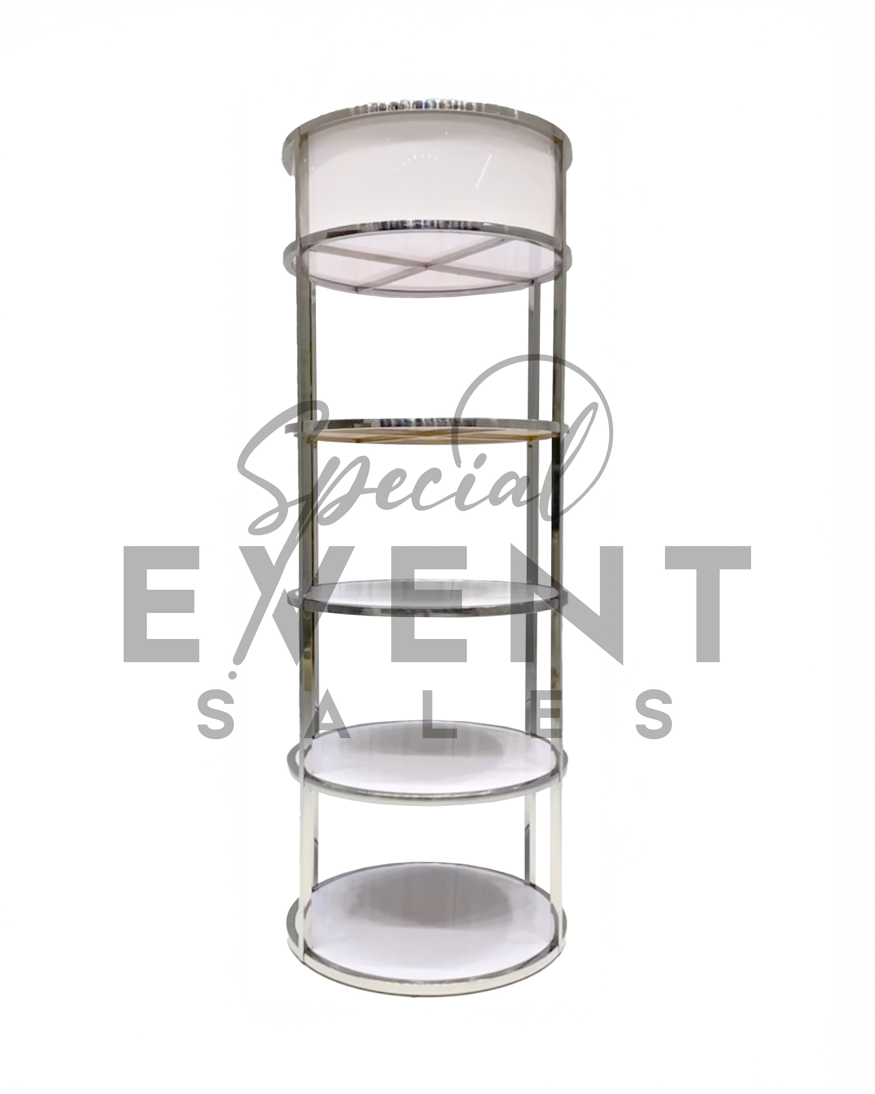 White and silver acrylic retail display shelf with 4 tiers.