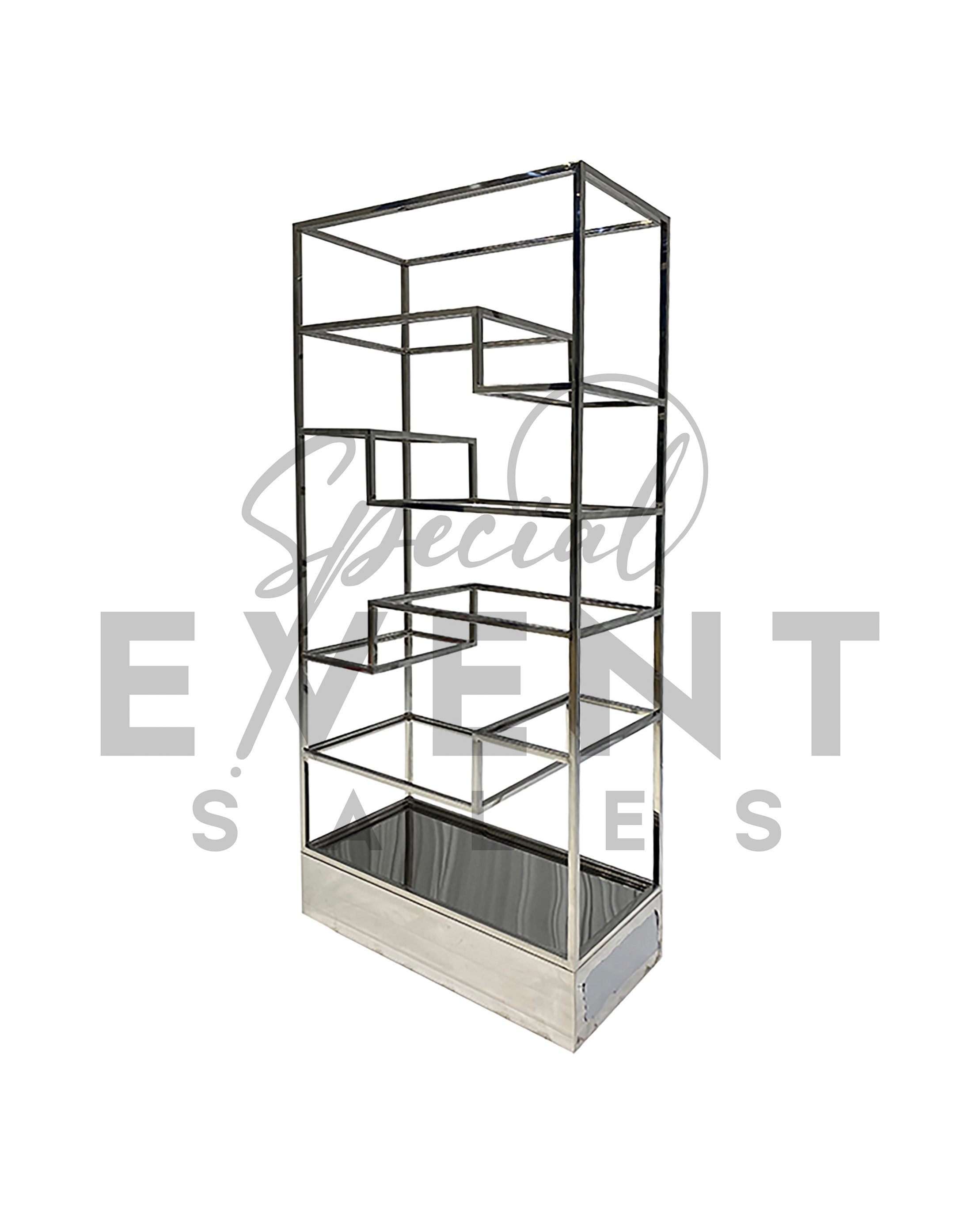 Luxury retail display shelf in silver chrome.