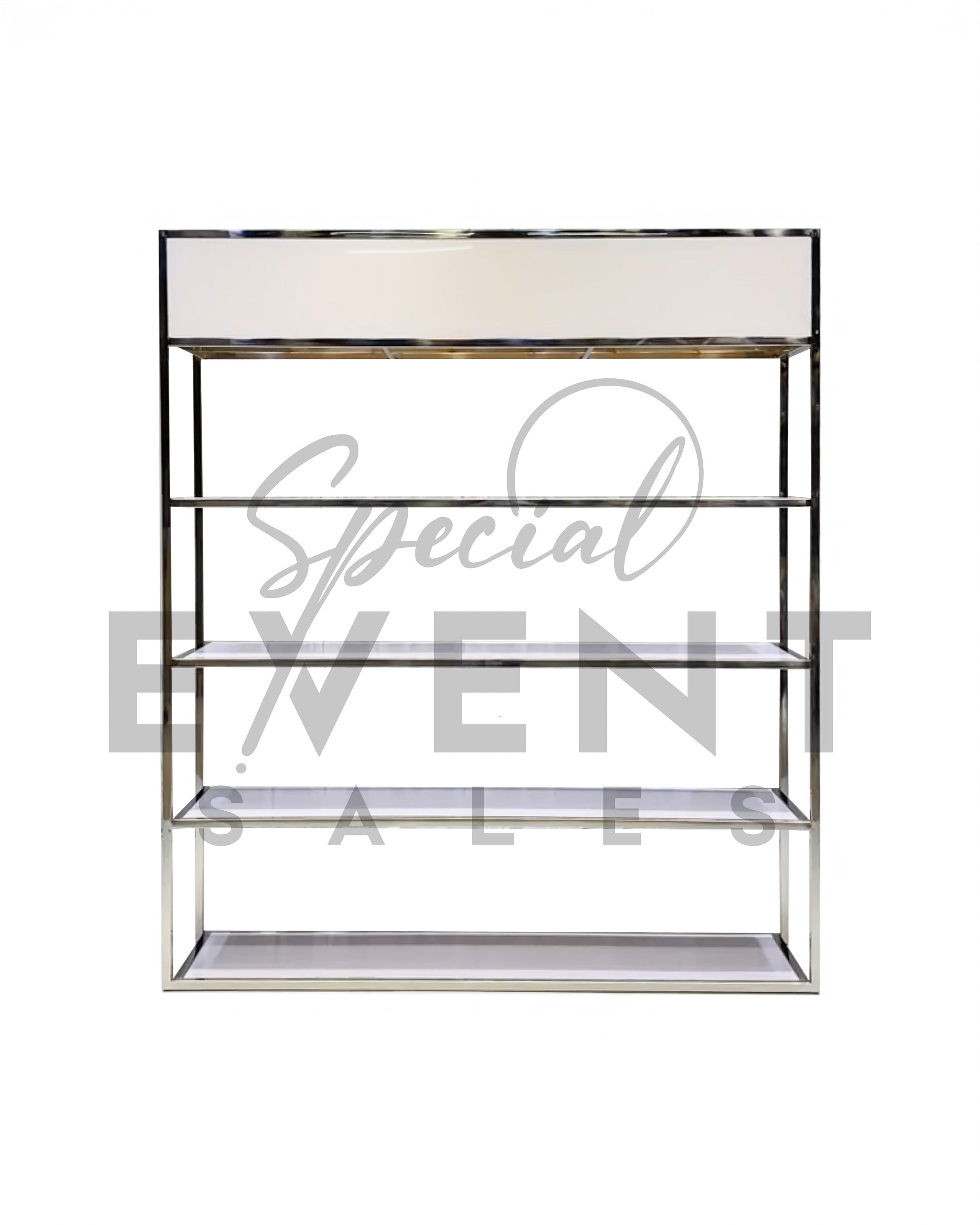 White acrylic and silver stainless steel modern retail display shelf.
