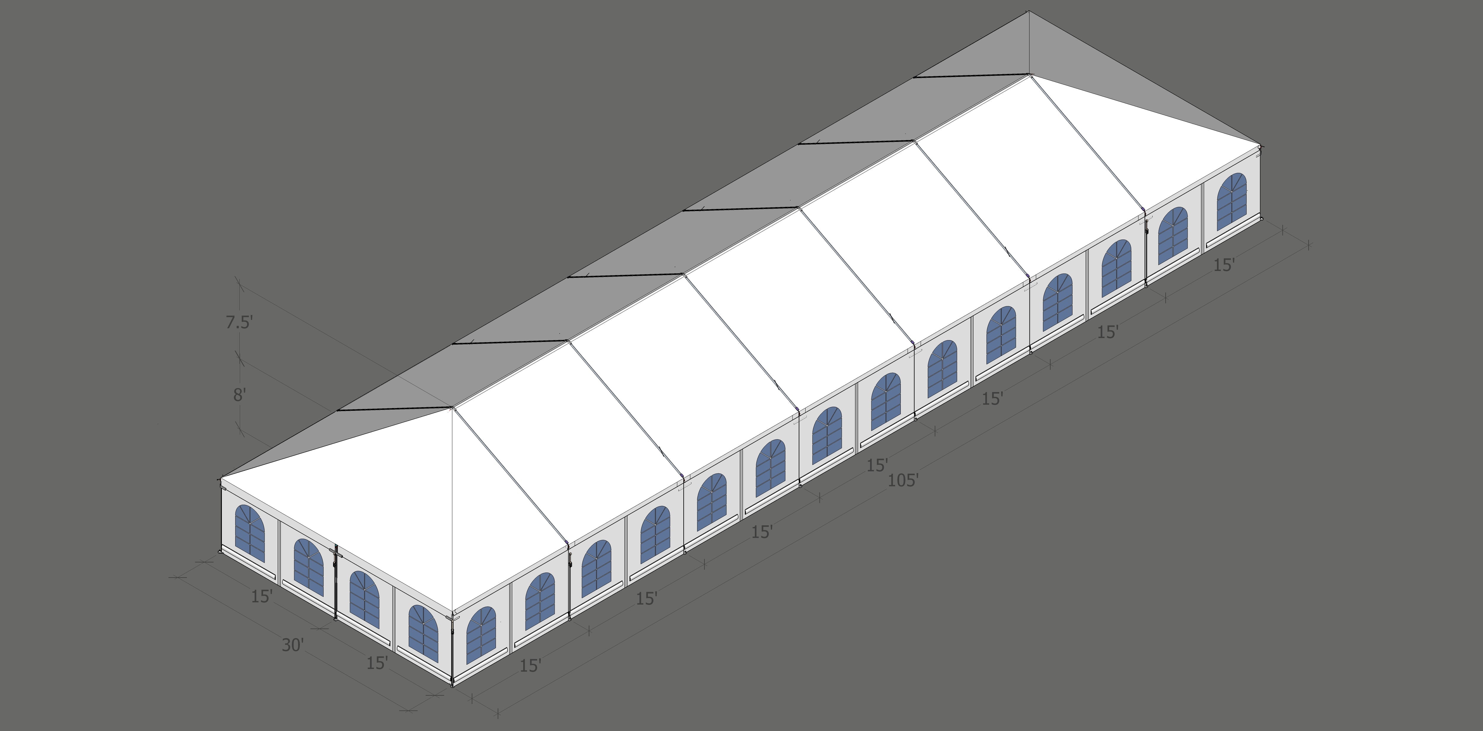 Turbotrack Tent 30’ x 105’ French Window Walls Tents - Turbotrack Frame