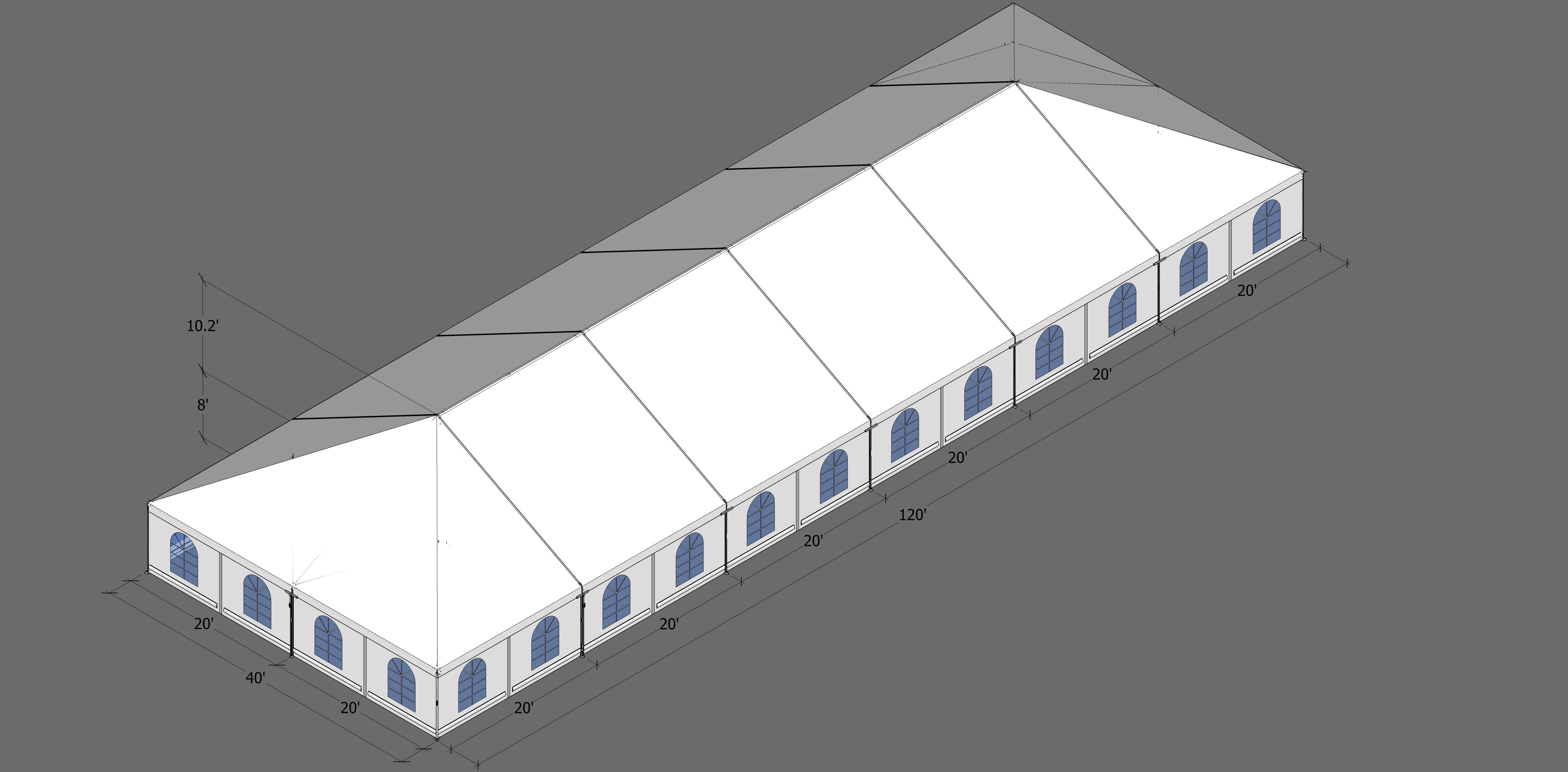Turbotrack Tent 40’ x 120’ French Window Walls Tents - Turbotrack Frame