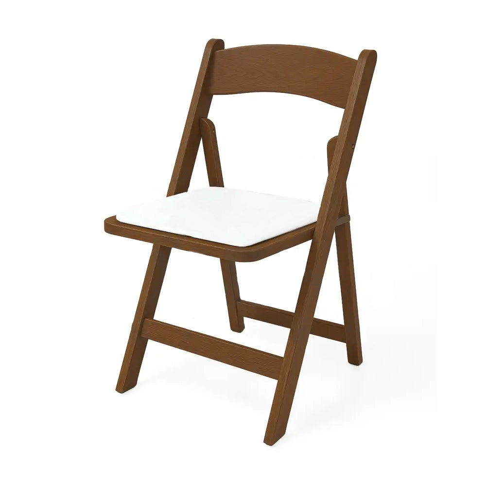 Special events seating in a walnut brown resin folding chair.