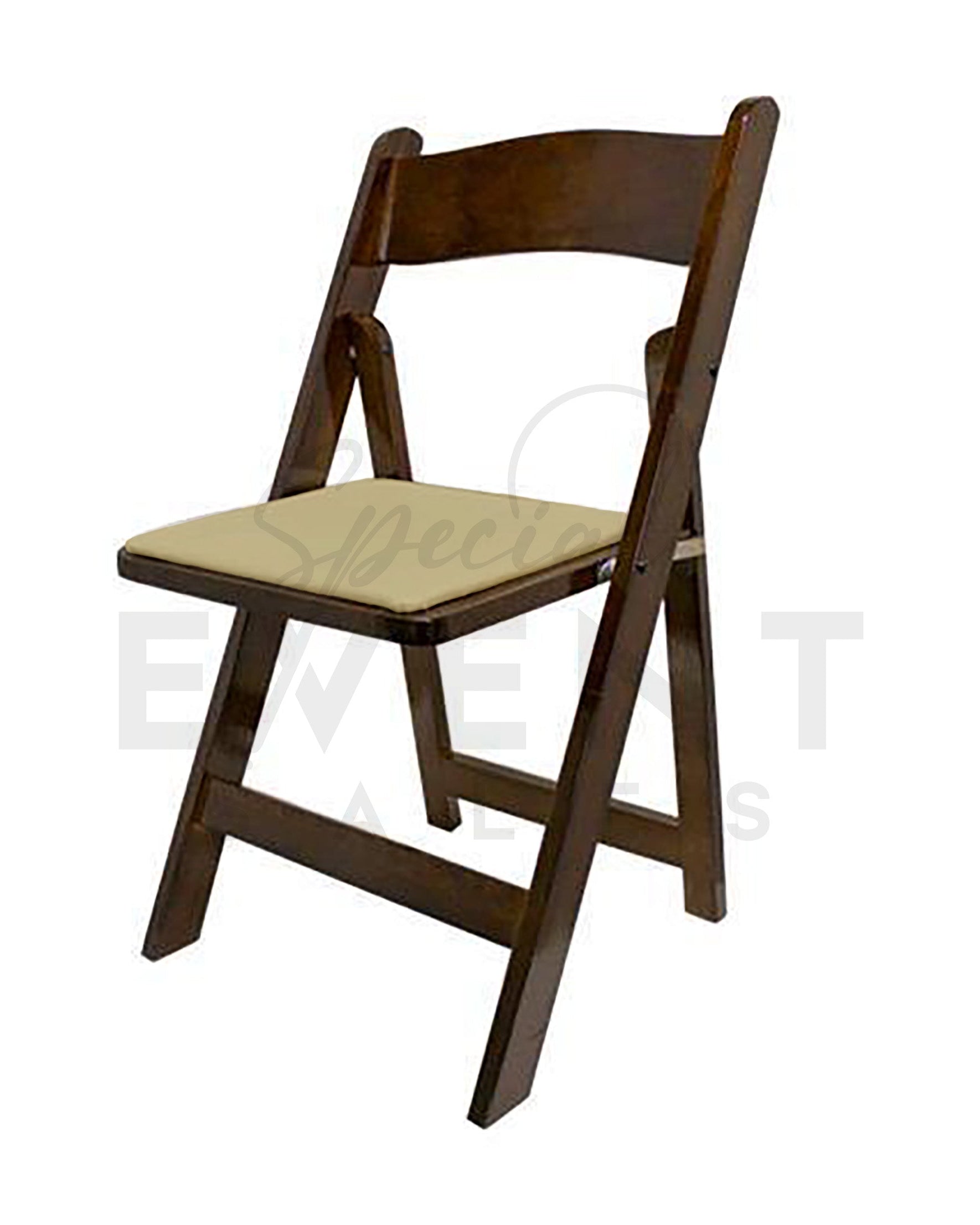 walnut wood folding event chair with tan/beige cushion.