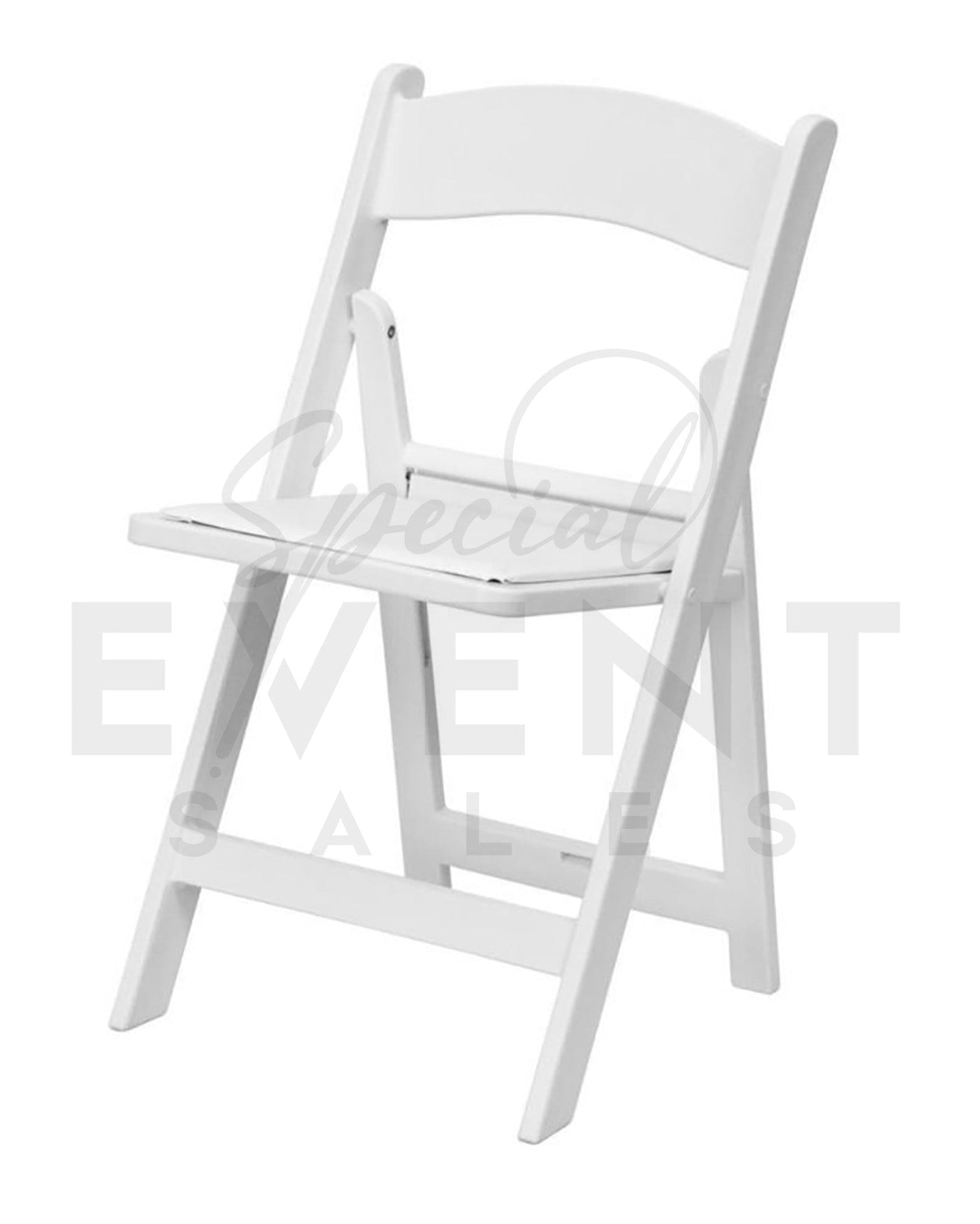 White resin folding chair for special events. Ideal for weddings, banquets, conference centers and rental companies.