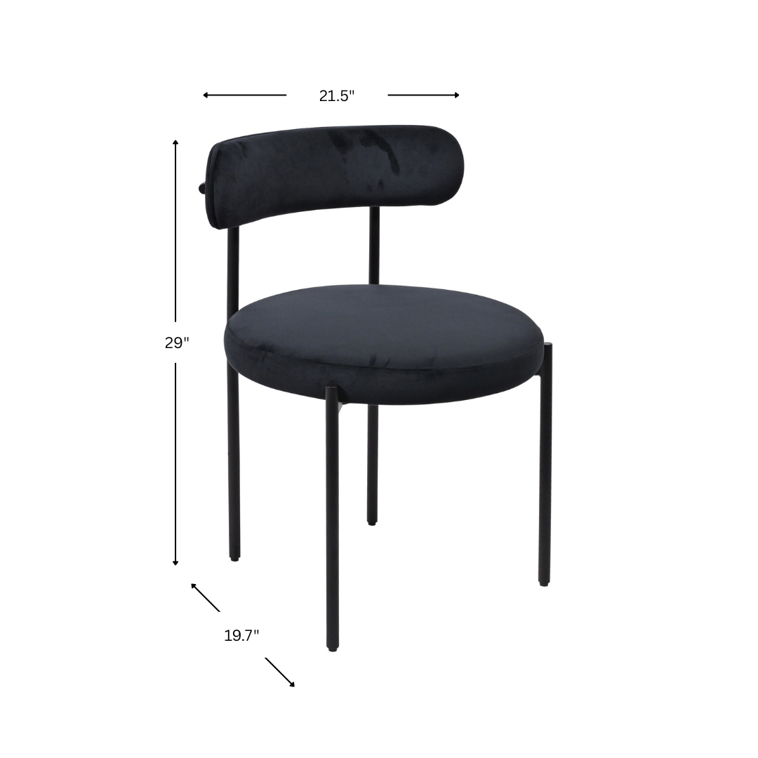 Black velvet chair with dimensions labeled on a white background