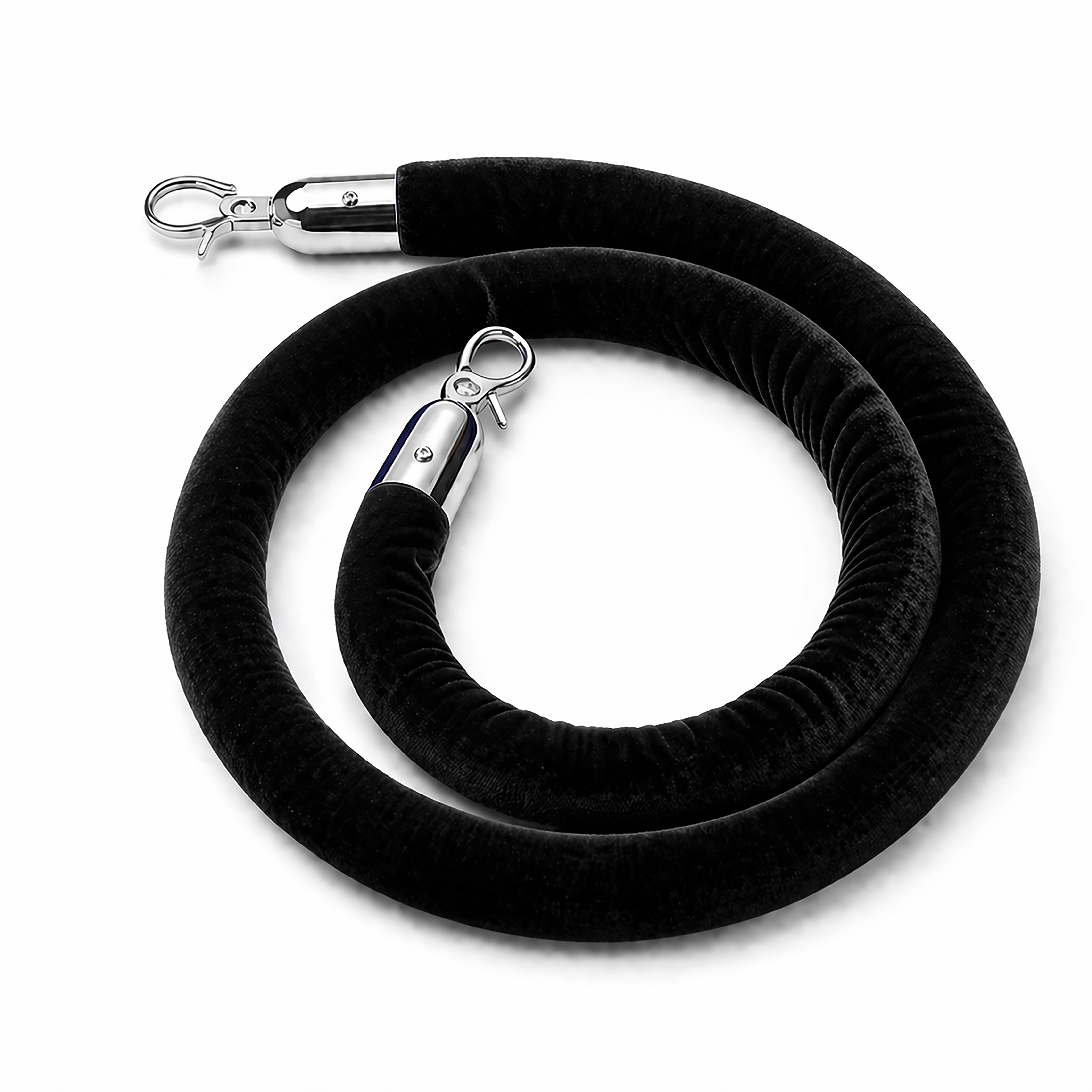Velour Rope, 8' Long Black With Polished Chrome Snap Ends