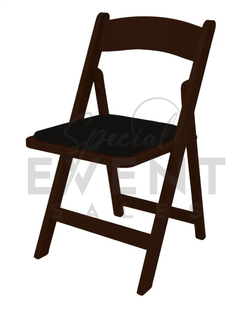 Dark brown event folding chair with black vinyl seat on a white background