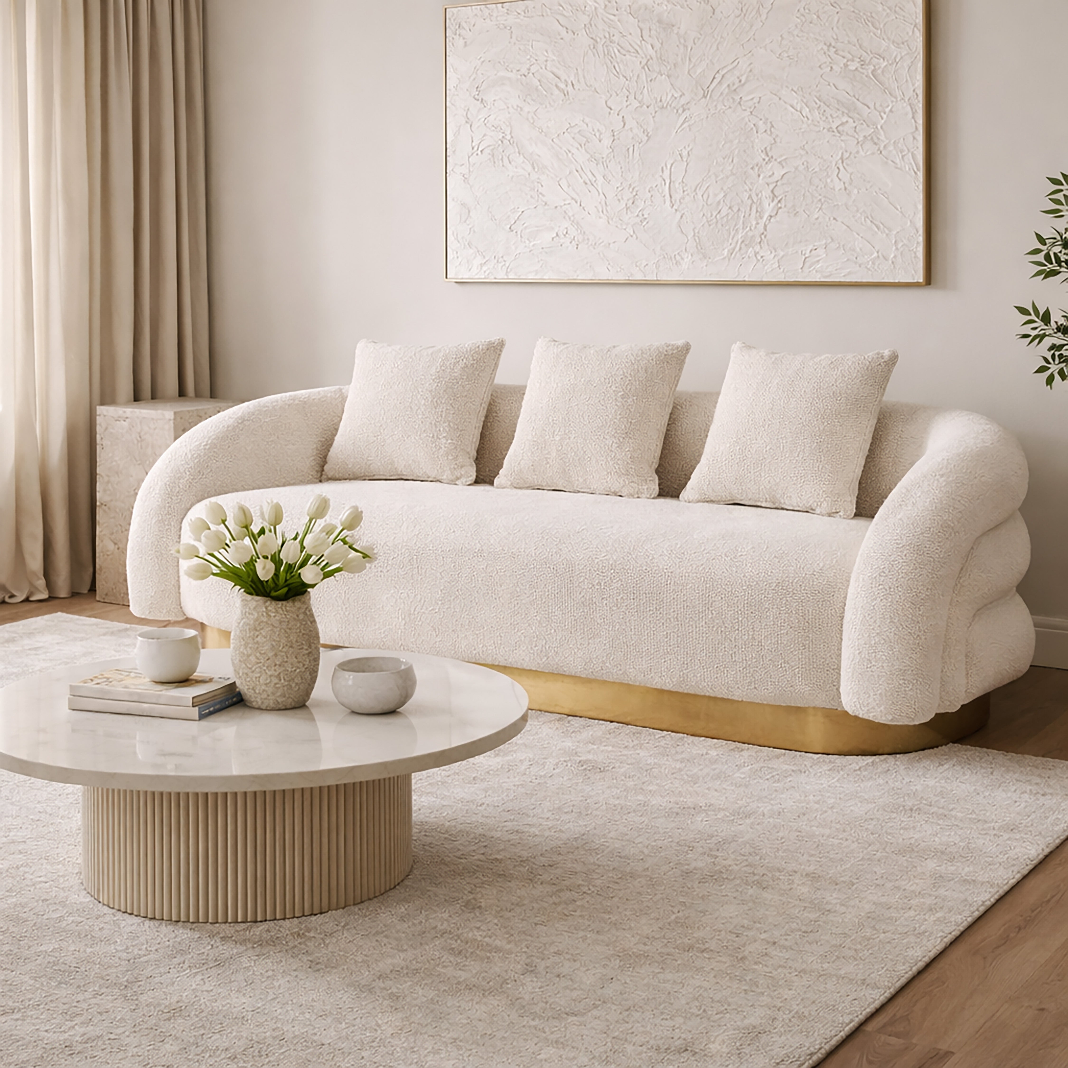 Barrel Sofa, White Velvet With Gold Accent Base