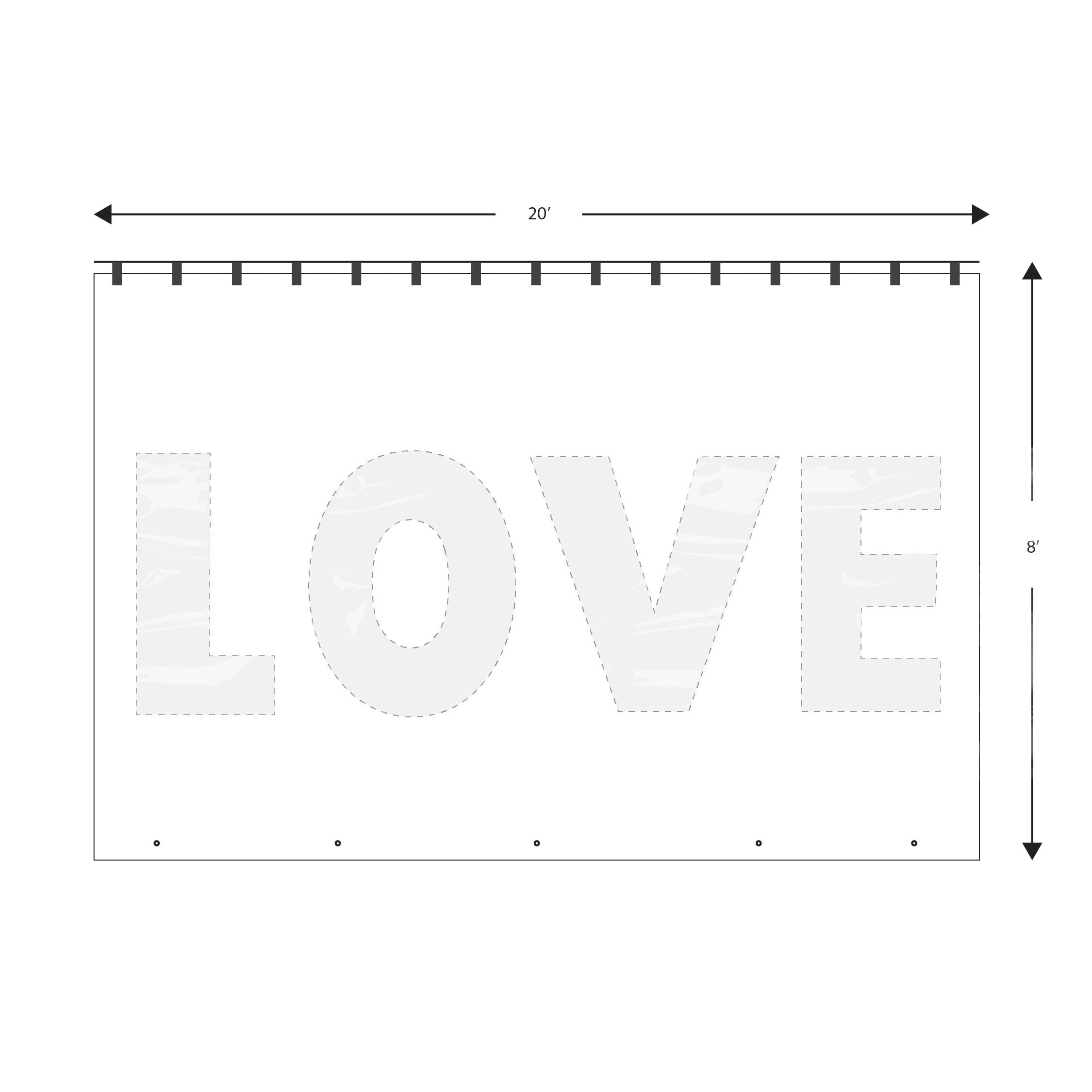 Event tent wall with the word "love" cut out for windows.