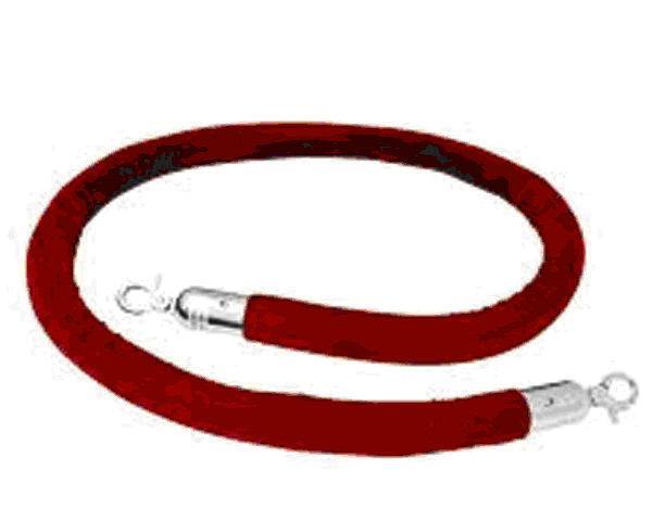 Velour Rope, 8' Long Red With Polished Chrome Snap Ends