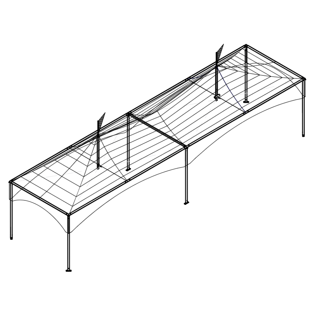 Black tent drawing of a long, narrow structure with horizontal beams and vertical supports.