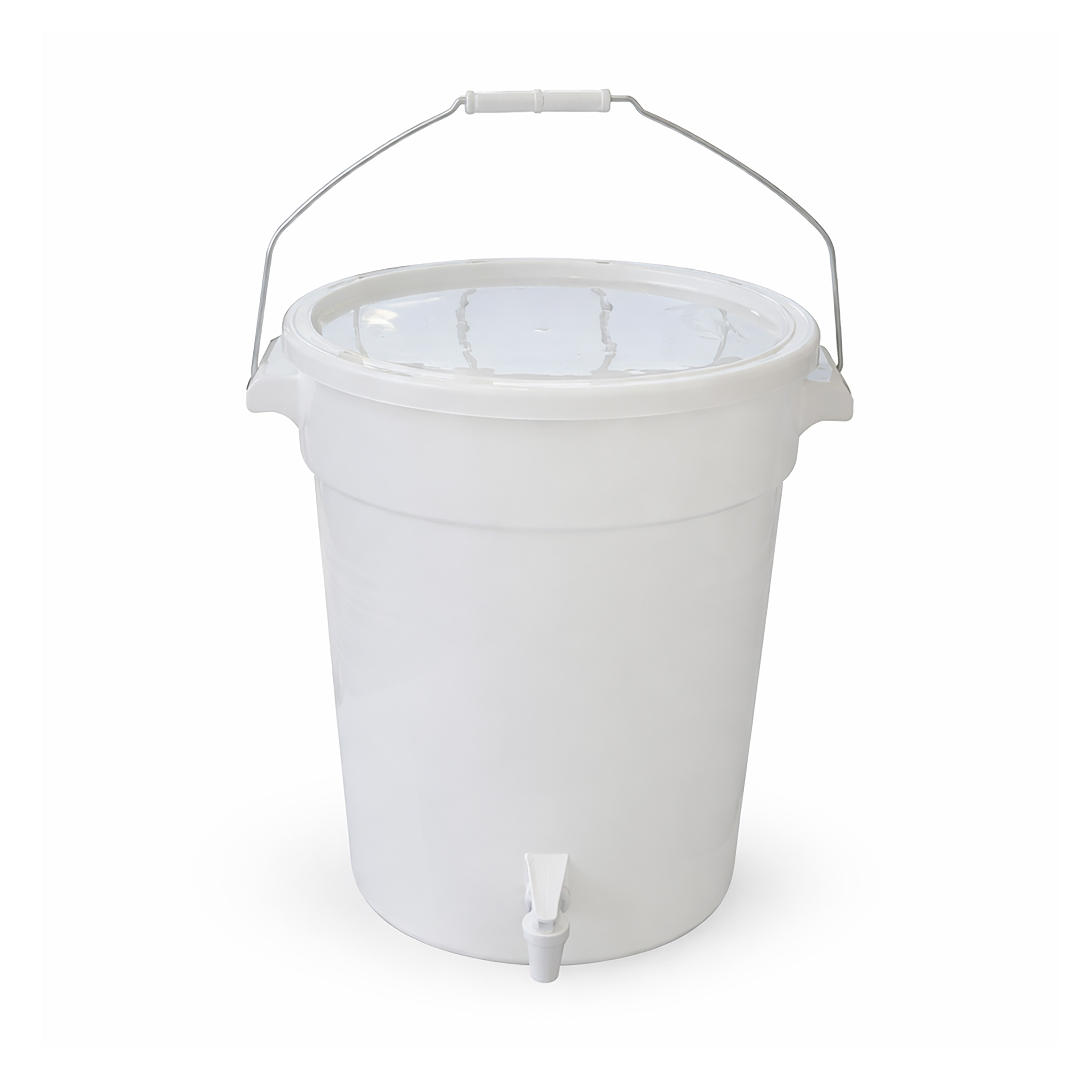 White bucket with a lid and spout on a white background
