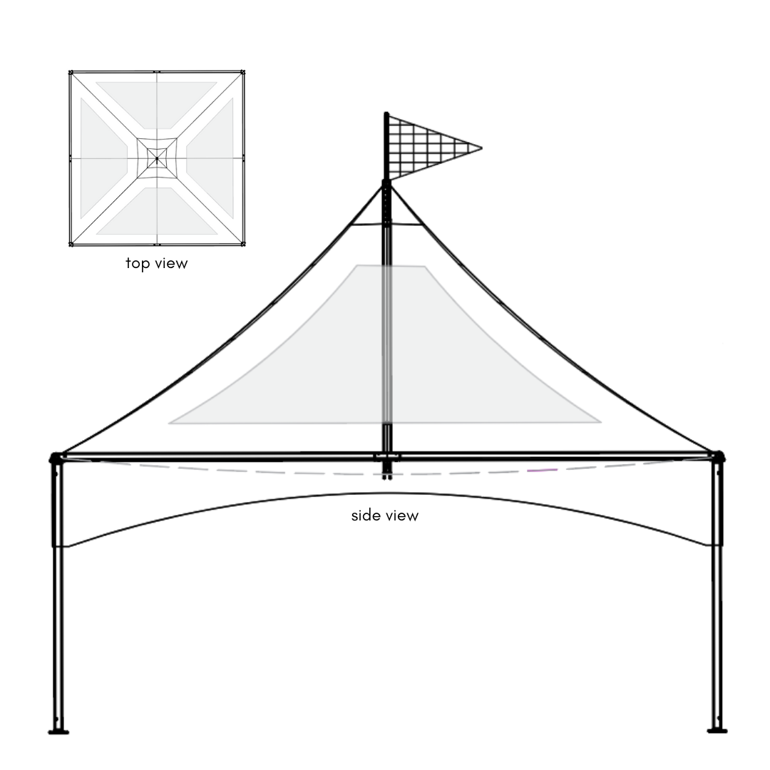 Technical drawing of a clear canopy tent with a flagpole and top view inset.