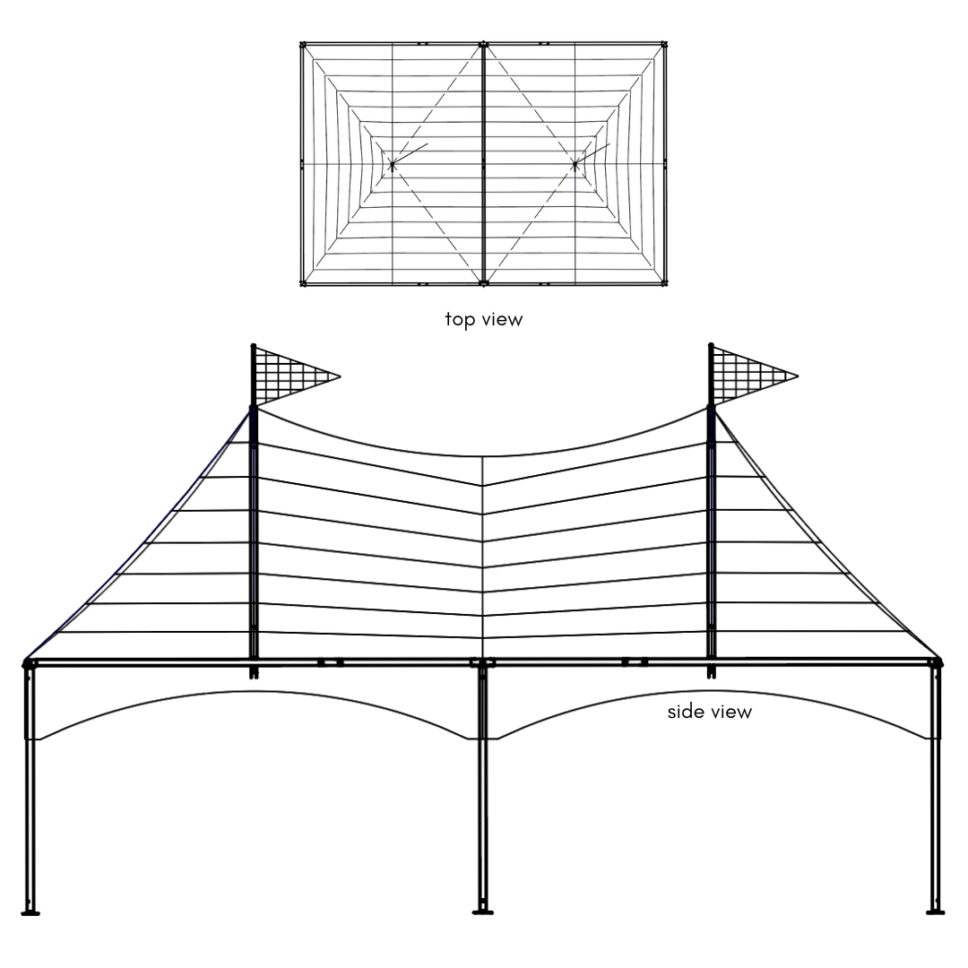 Technical drawings of a metal and vinyl event pop up tent. 