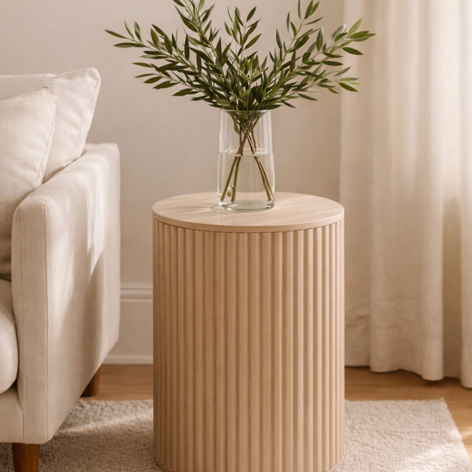 Side Table, Fluted Rubberwood Natural