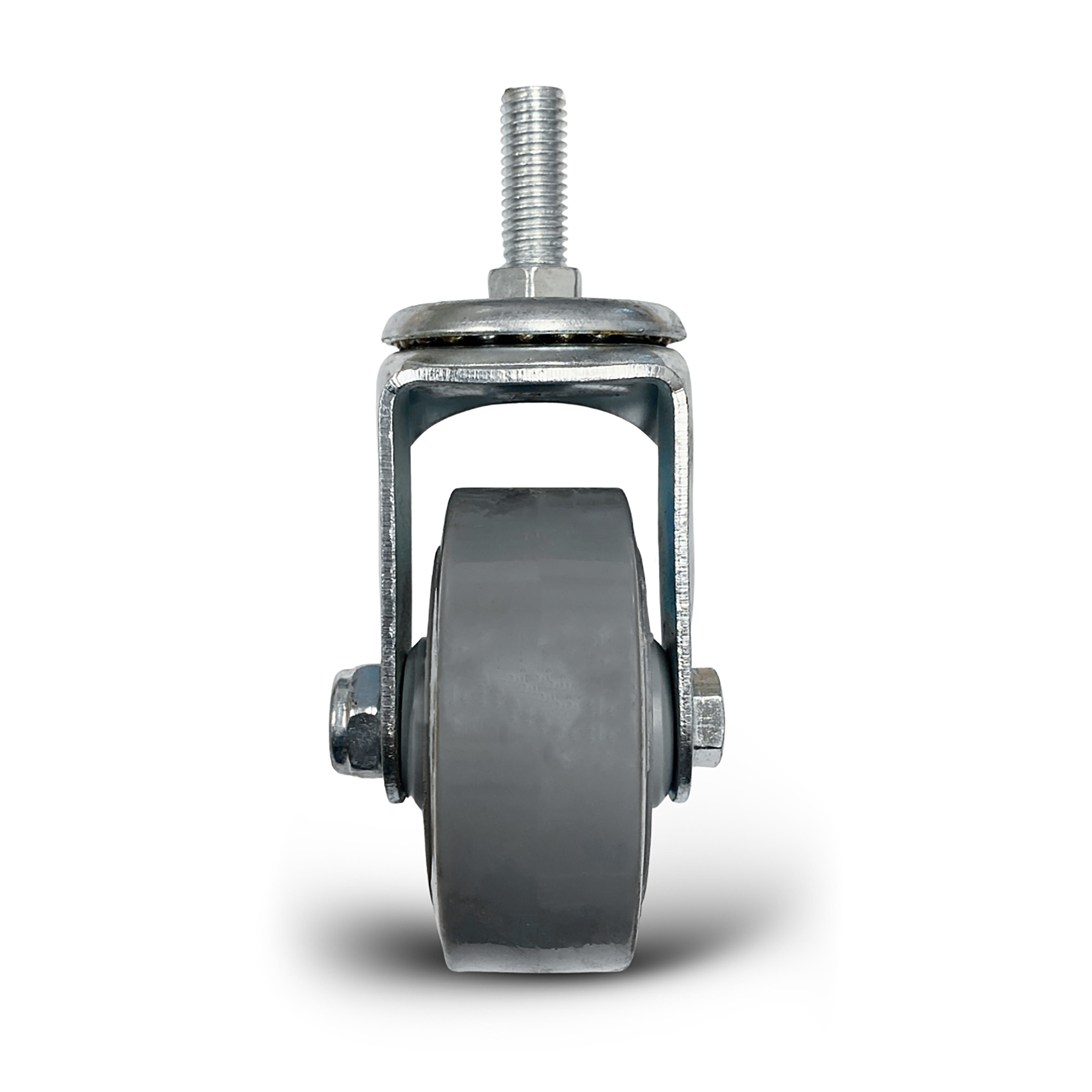 Metal caster wheel with a screw on a white background