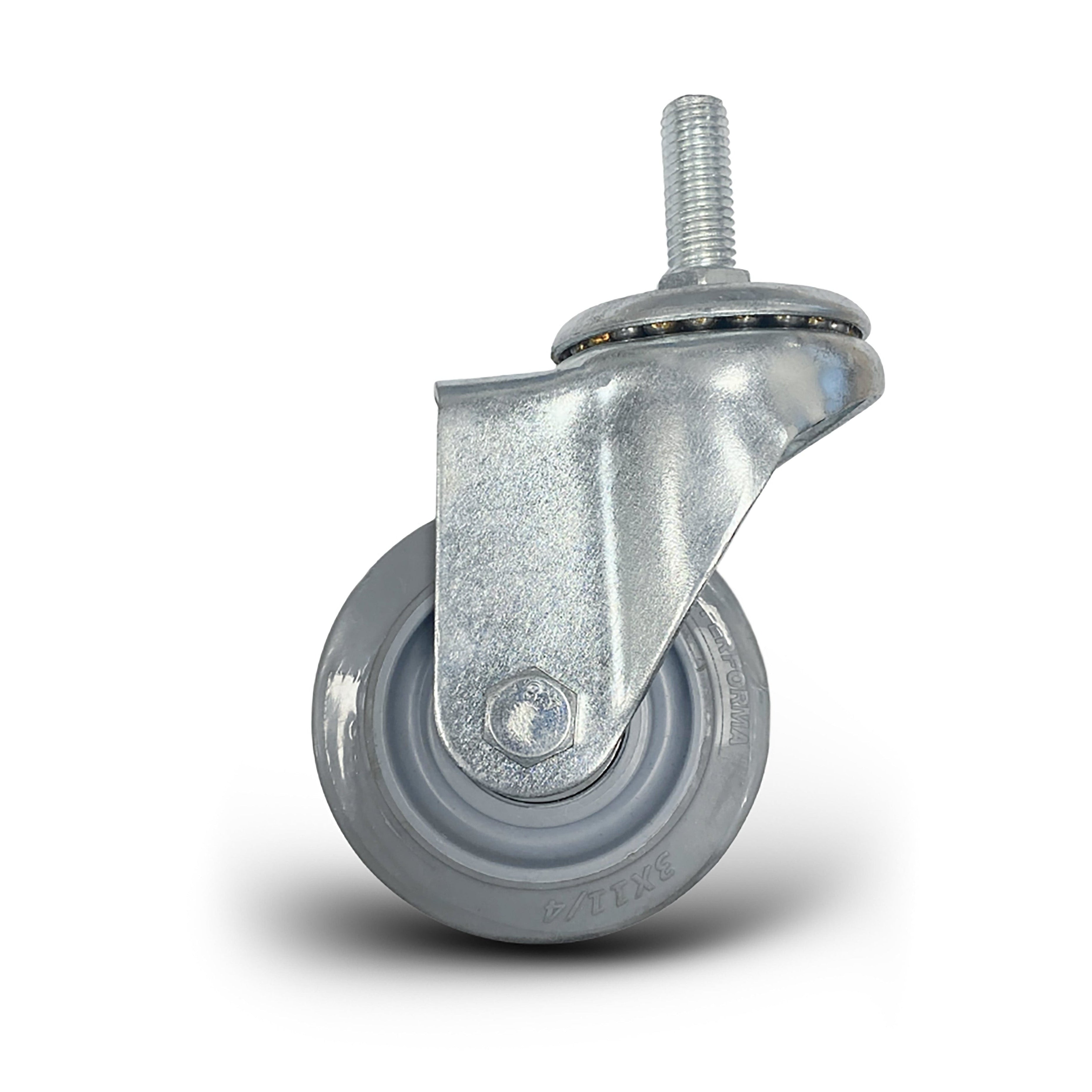 Metal caster wheel with a bolt on a white background