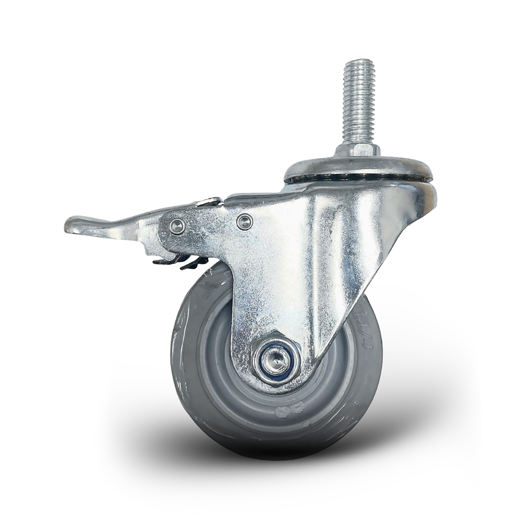 Side View of silver metal caster wheel and brake with a gray rubber tire on a white background