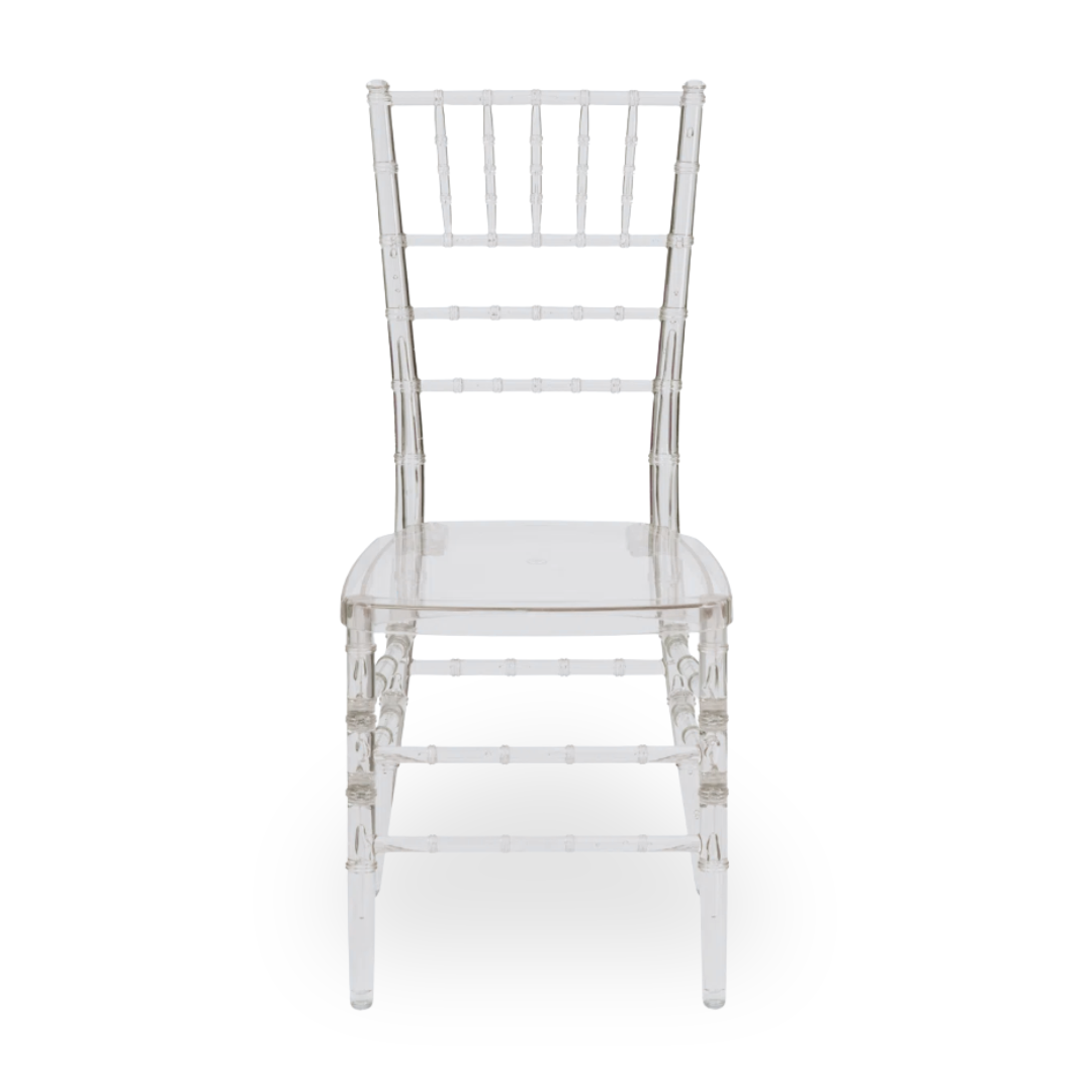Wholesale event chairs for sale in Canada, featuring this transparent clear Chiavari chair. 