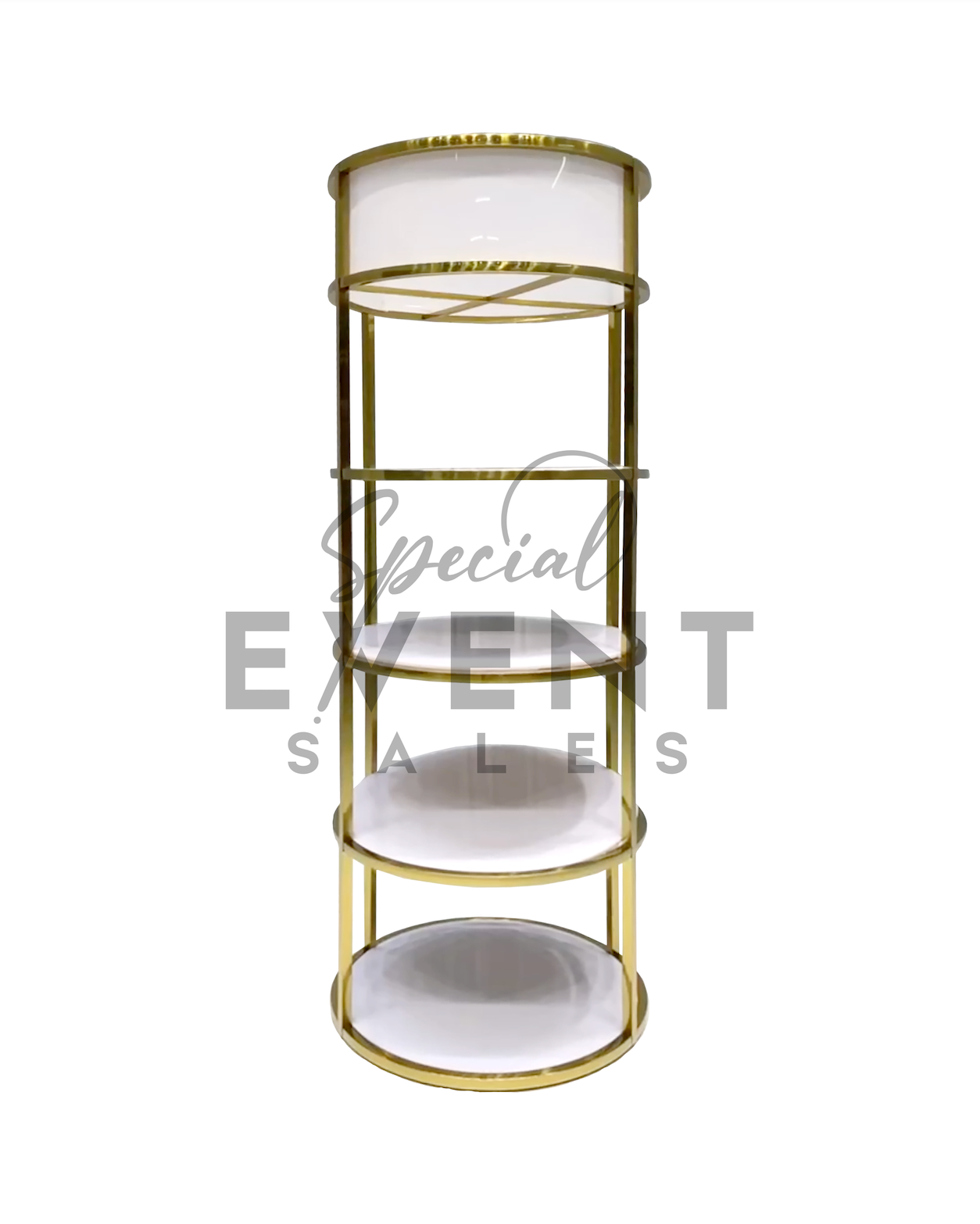 white and gold acrylic stainless steel circular retail display shelf.