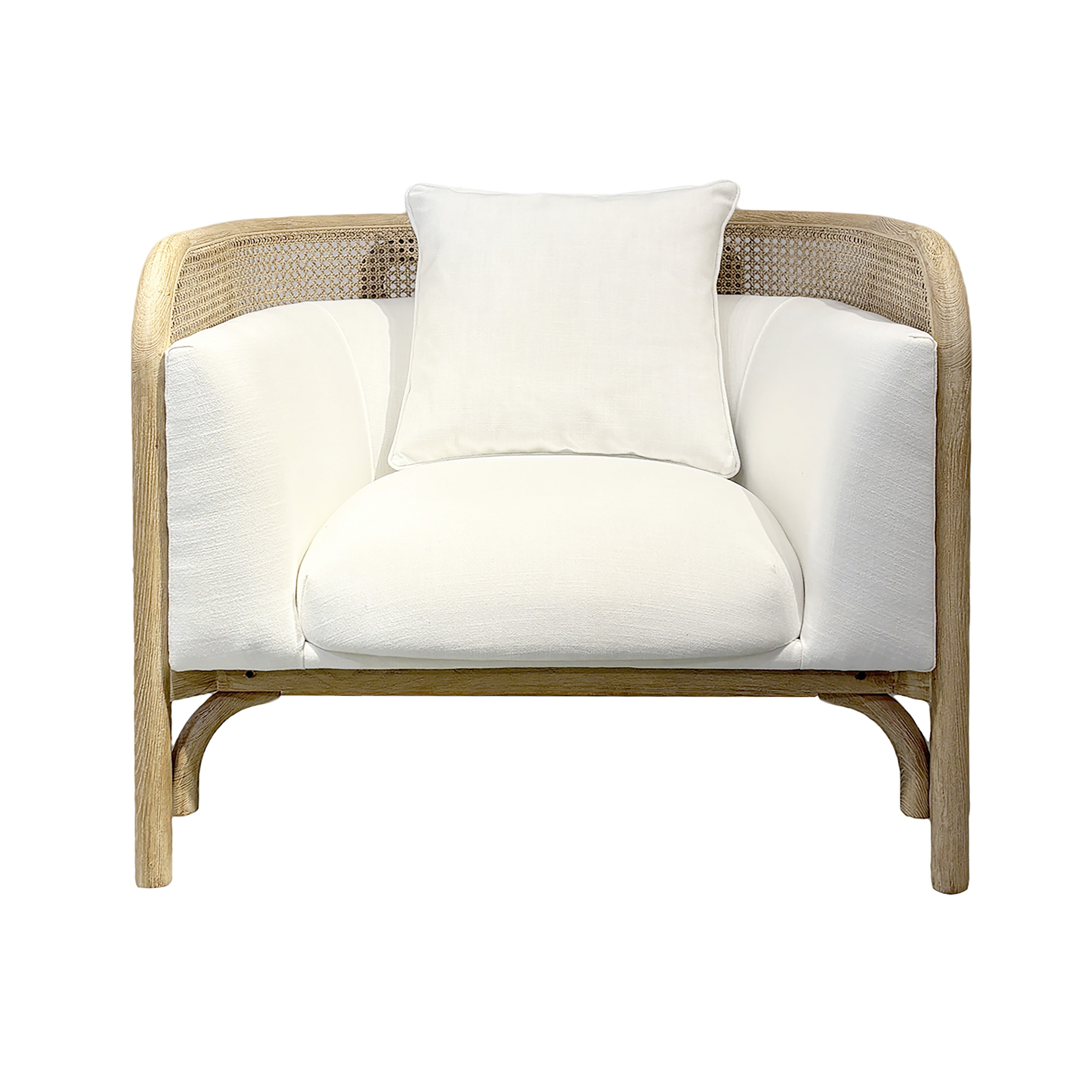 Ash wood rattan and white linen lounge accent chair for hospitality lounges